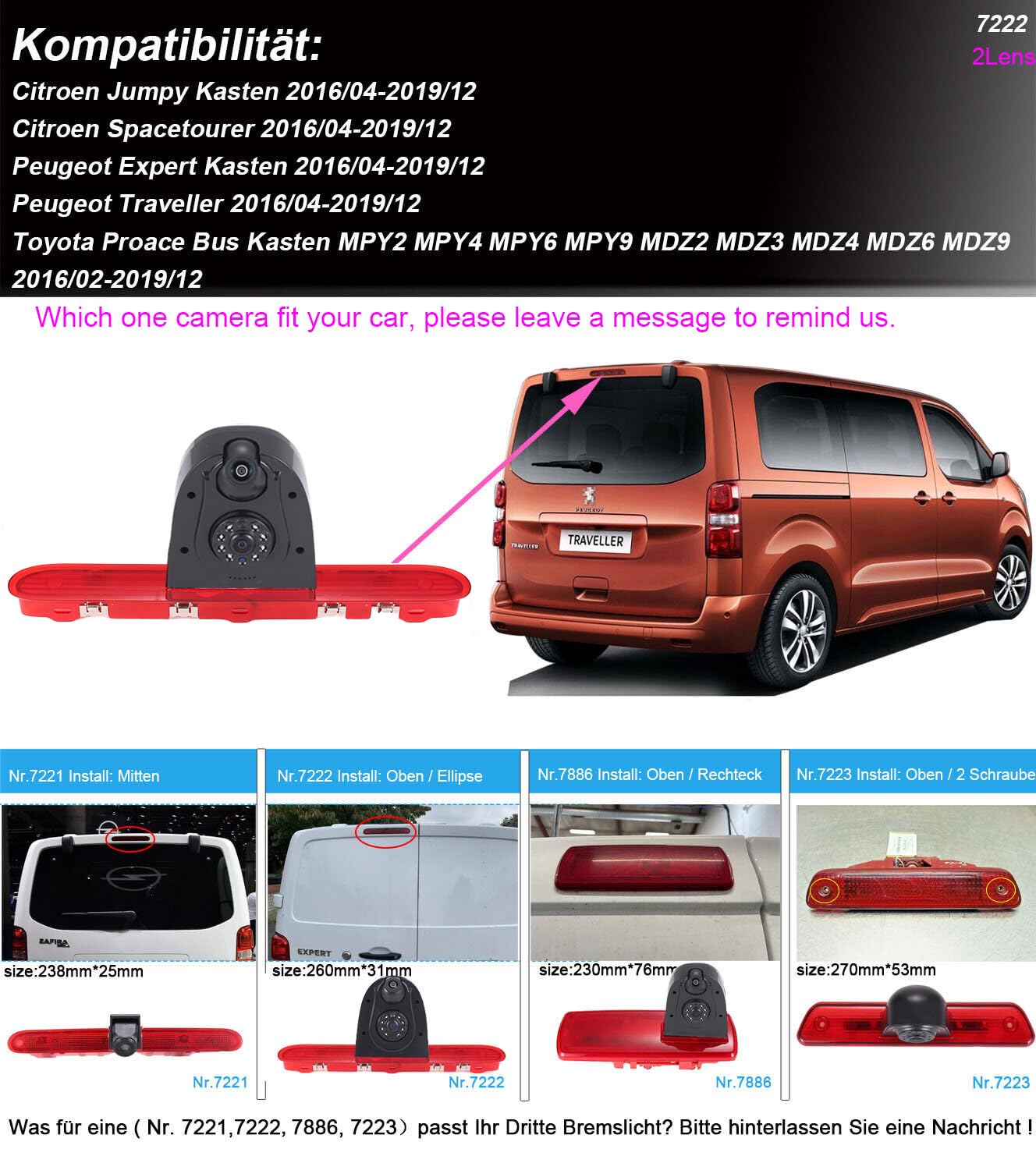 HD IP68 1280 pixels - Double caméra de recul - Aide au stationnement - Avec angle réglable - Remplacement pour Citroën Jumpy/Spacetourer/Peugeot Expert/Traveller/Toyota Proace (caméra de recul +