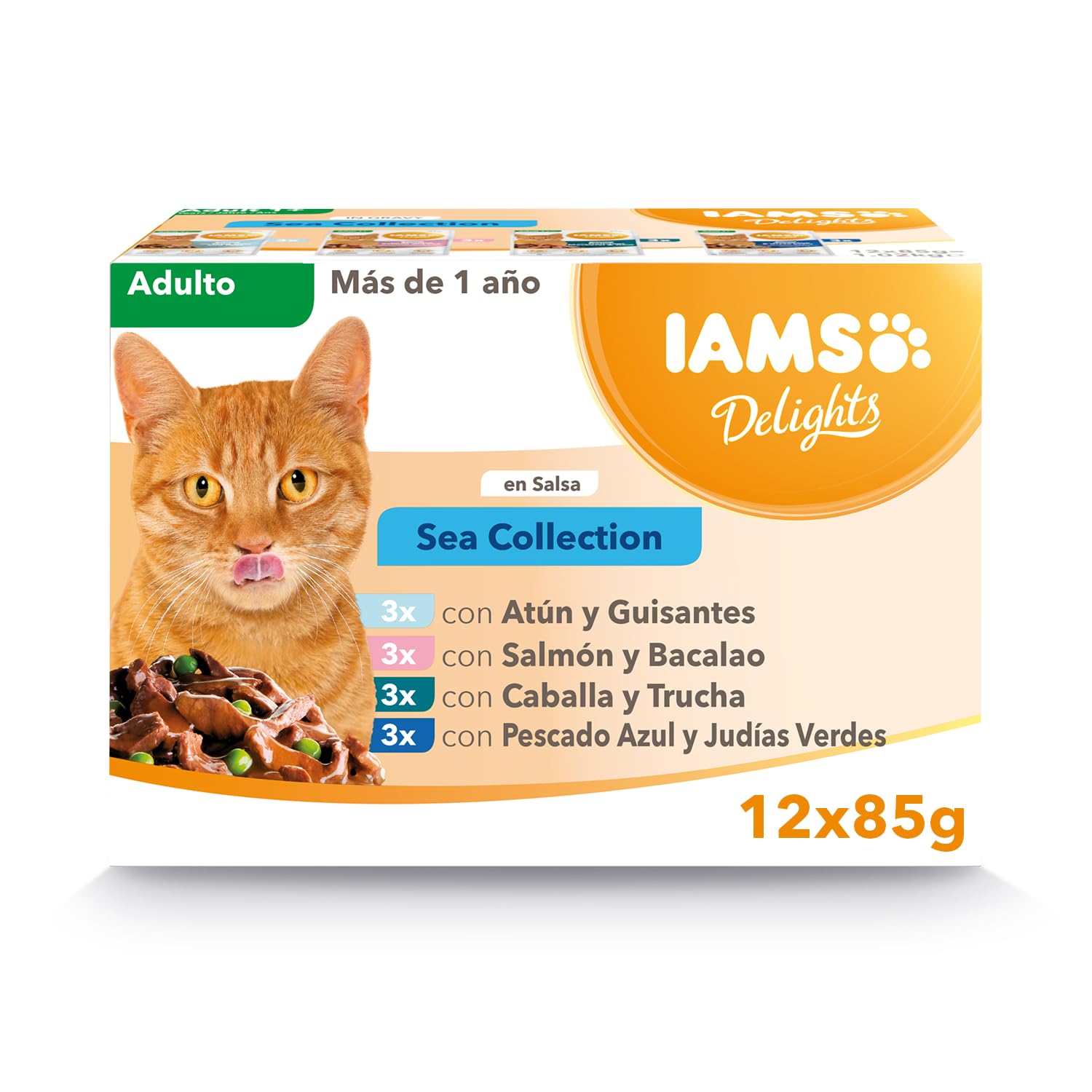 IAMS Delights Sea Collection Alimento húmedo en salsa - para gatos adultos con diversos sabores a pescado 12 x85g
