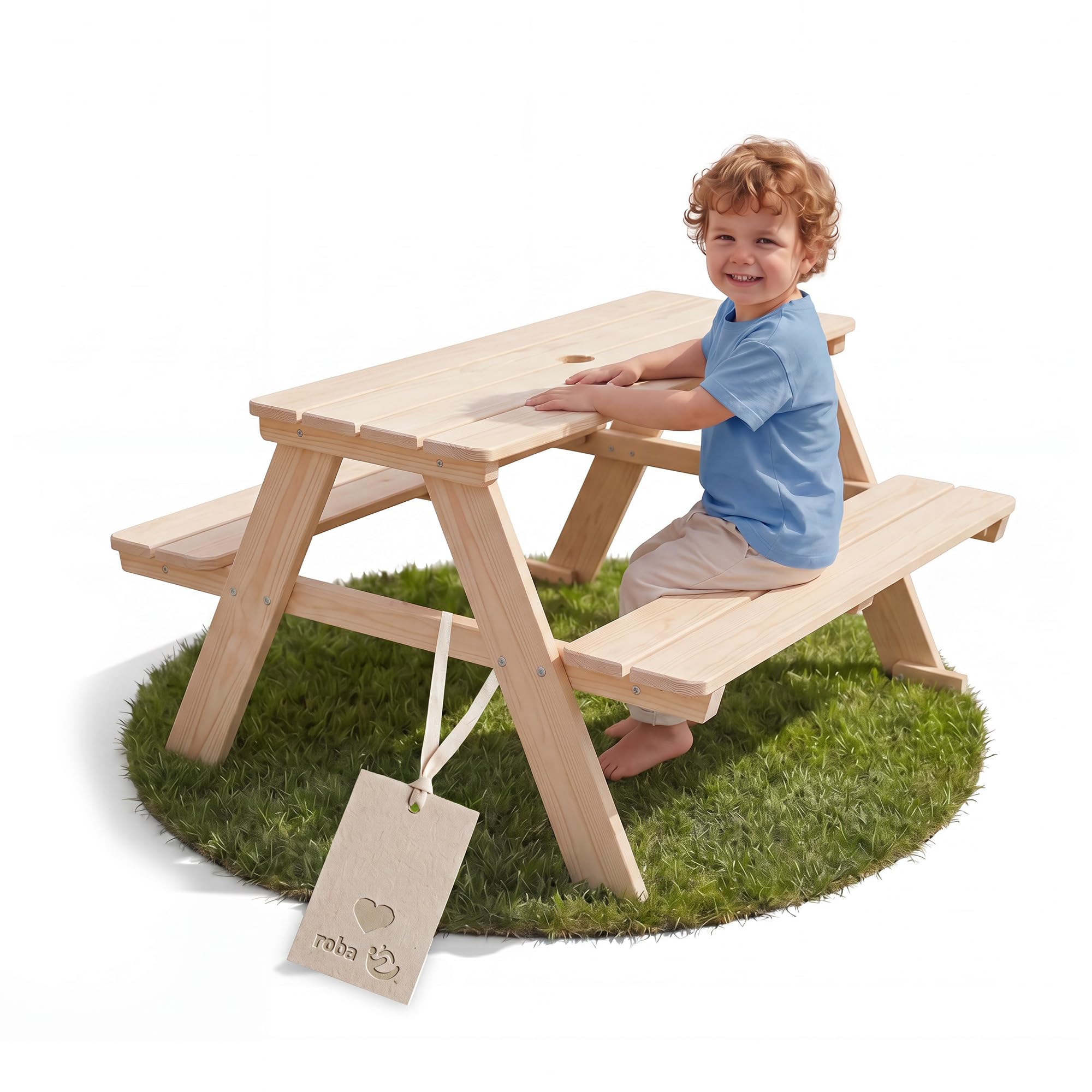 roba Kinder Outdoor+ Sitzgruppe "Picknick for 4" - Sitzgarnitur aus Massivholz - Natur