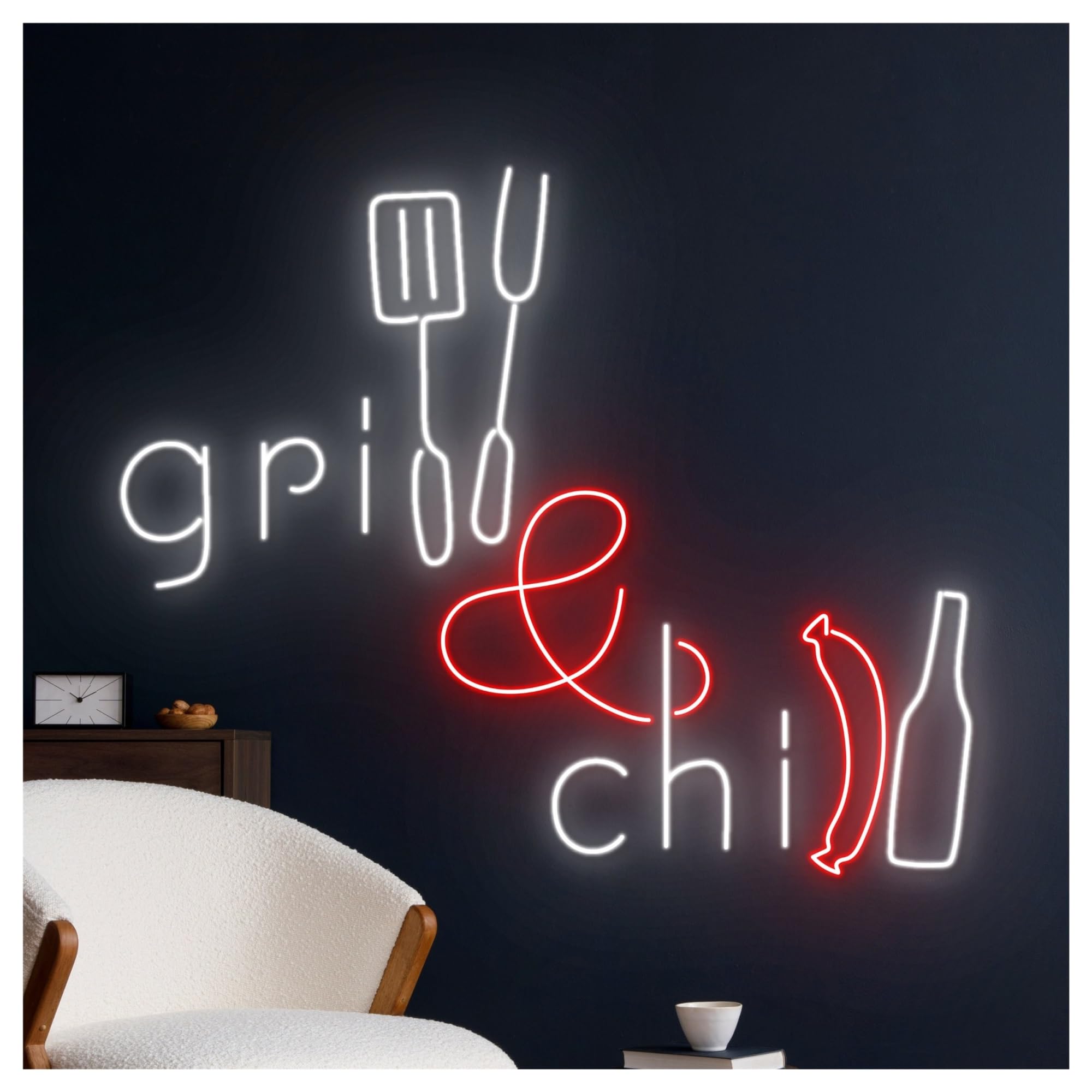 Decoración Lámparas Letrero De Neón Grill And Chill Con Luz LED Regulable Para Barbacoas, Fiestas, Restaurantes, Cervezas, Bares, Pubs Y Clubes, Decoración De Pared 55cm