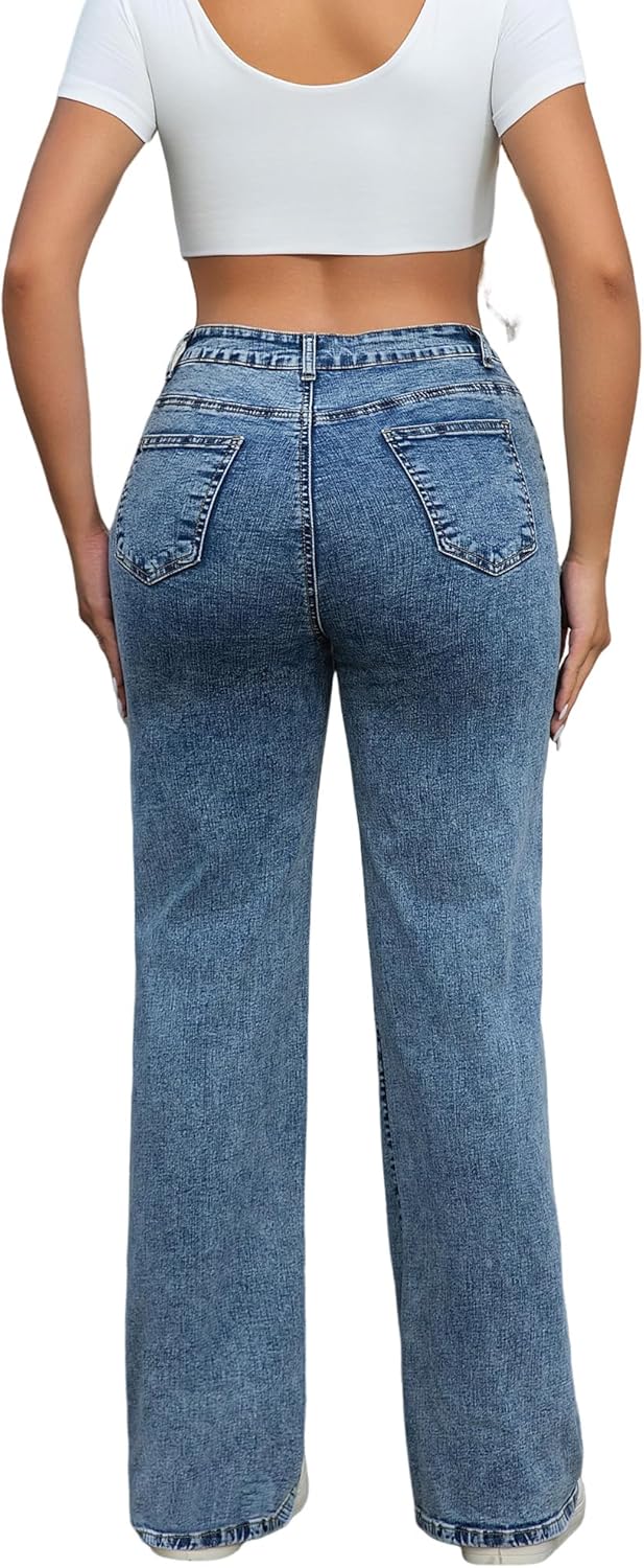 THUNDER STAR Womens High Waisted Wide Leg Jeans Stretchy Distressed Denim Pants - Image 5