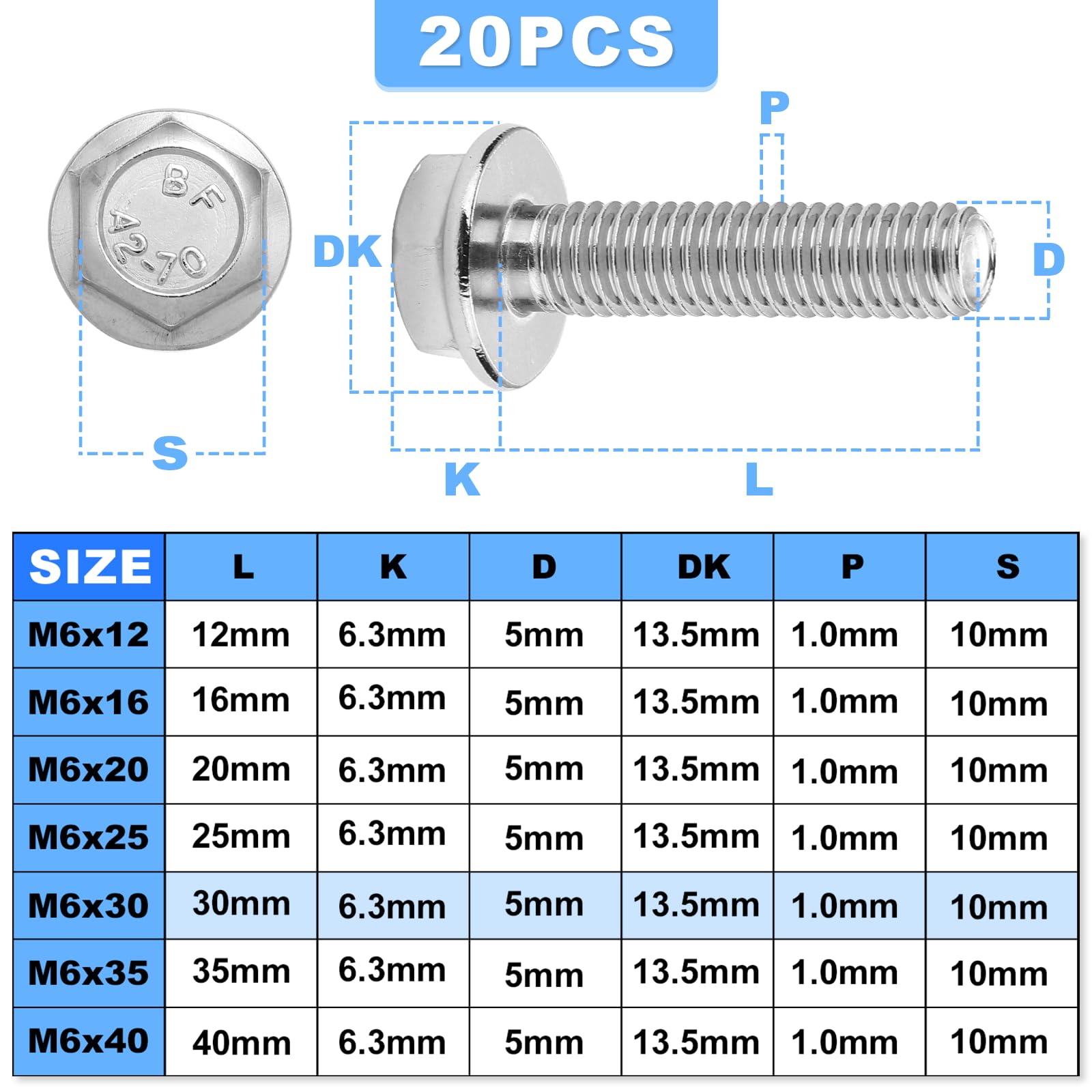 TXXATX 20 Pcs M6 Bolt M6x30mm Bolt 304 Stainless Steel Bolts Hex Screws Flanged Hex Head Bolts Anti-Loosening for Machine Tools Households Furniture Assembly DIY - Image 2