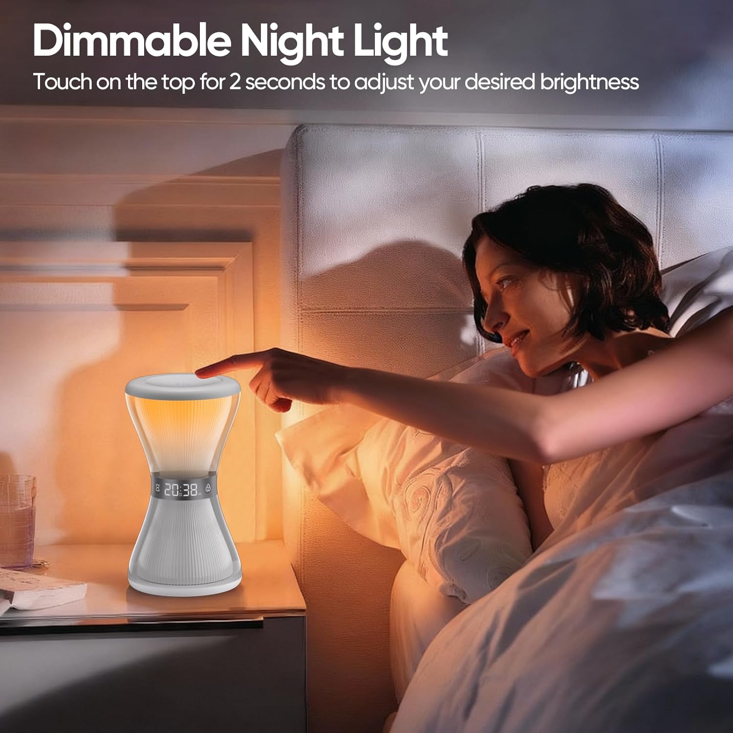 AFEXOA RGB Night Light Alarm Clock on a nightstand with a person stretching in bed, illustrating alarm customization options.