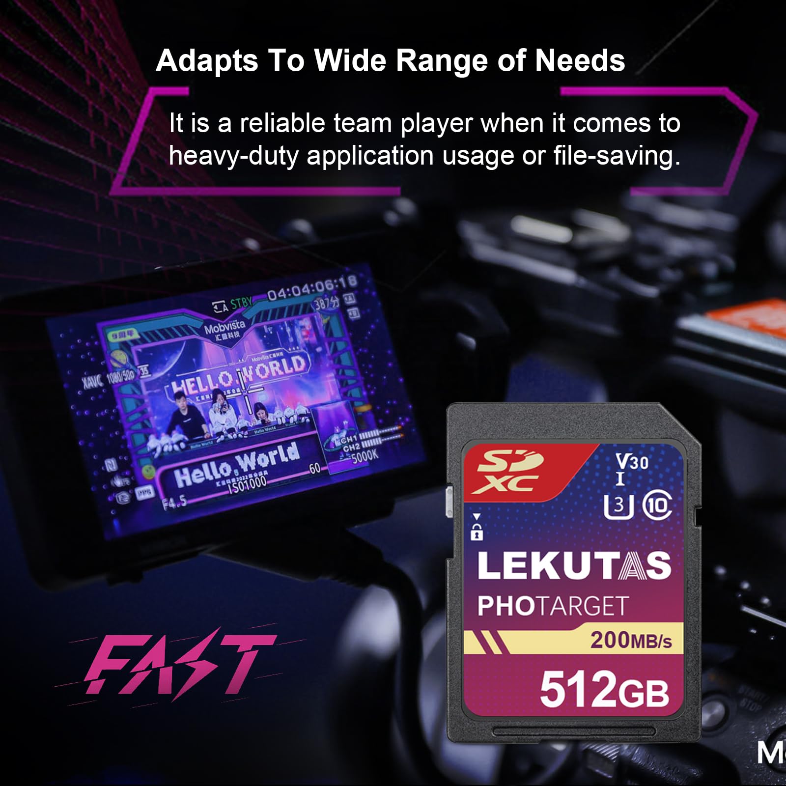 Scheda di memoria SDXC UHS-I da 512 GB, velocità di lettura fino a 200 MB/s, C10, U3, V30, 4K UHD, scheda SD video Full HD 4K per Canon Nikon Sony Panasonic DSLR, fotocamere mirrorless