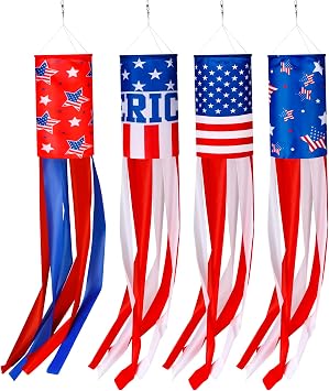 Moukeren 4 Pcs 40 Inch American Flag Windsock Outdoor American US Flag Windsock Heavy Duty Stars and Stripes Wind Sock Hanging USA Patriotic Decorations for 4th of July Independence Day Yard Garden