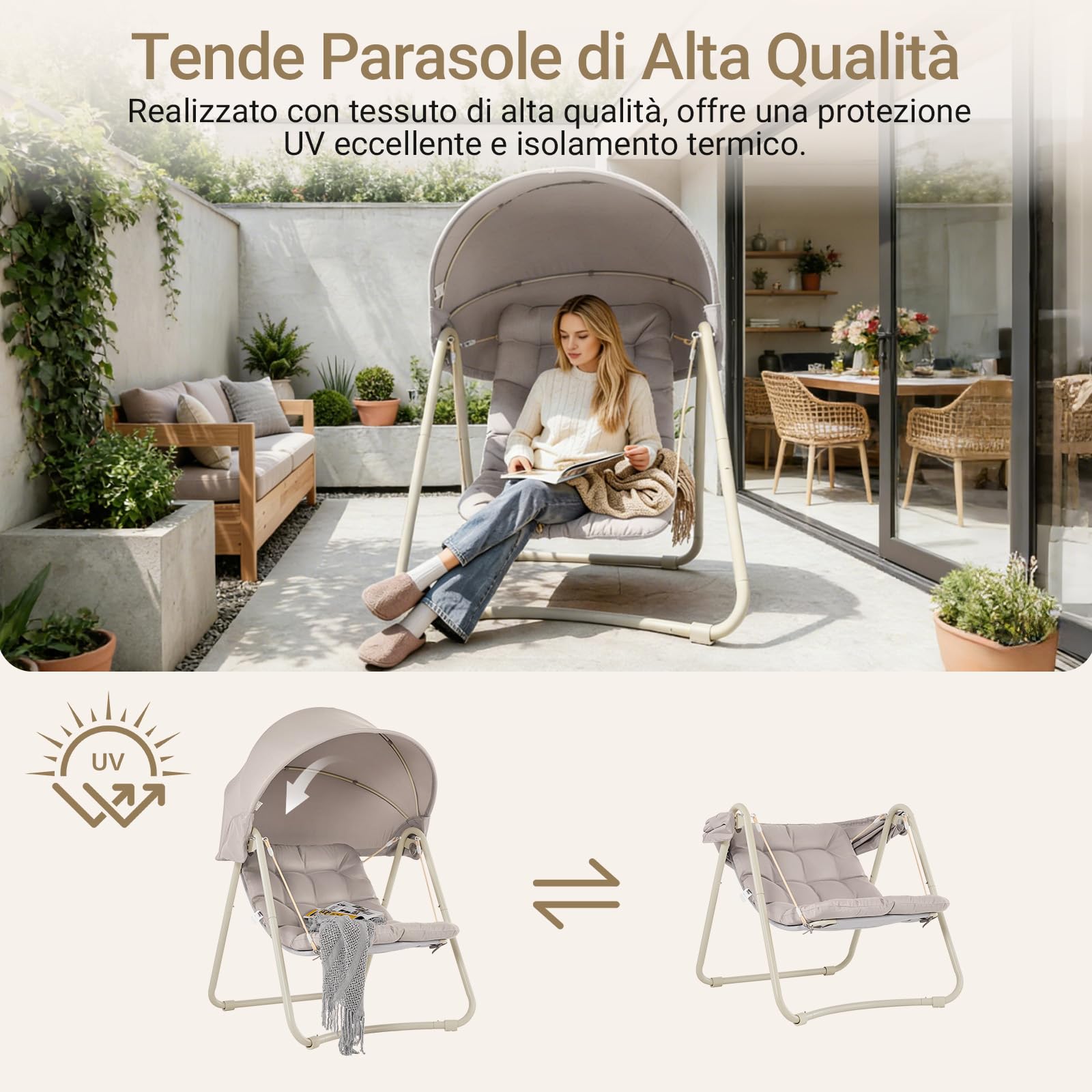 Sobuy Dondolo da Giardino Poltrona Relax con Parasole Regolabile Amaca da Giardino Sedia a Dondolo per Esterni e Interni Poltrona Sospesa Beige 108x126x163 cm OGS62-MI