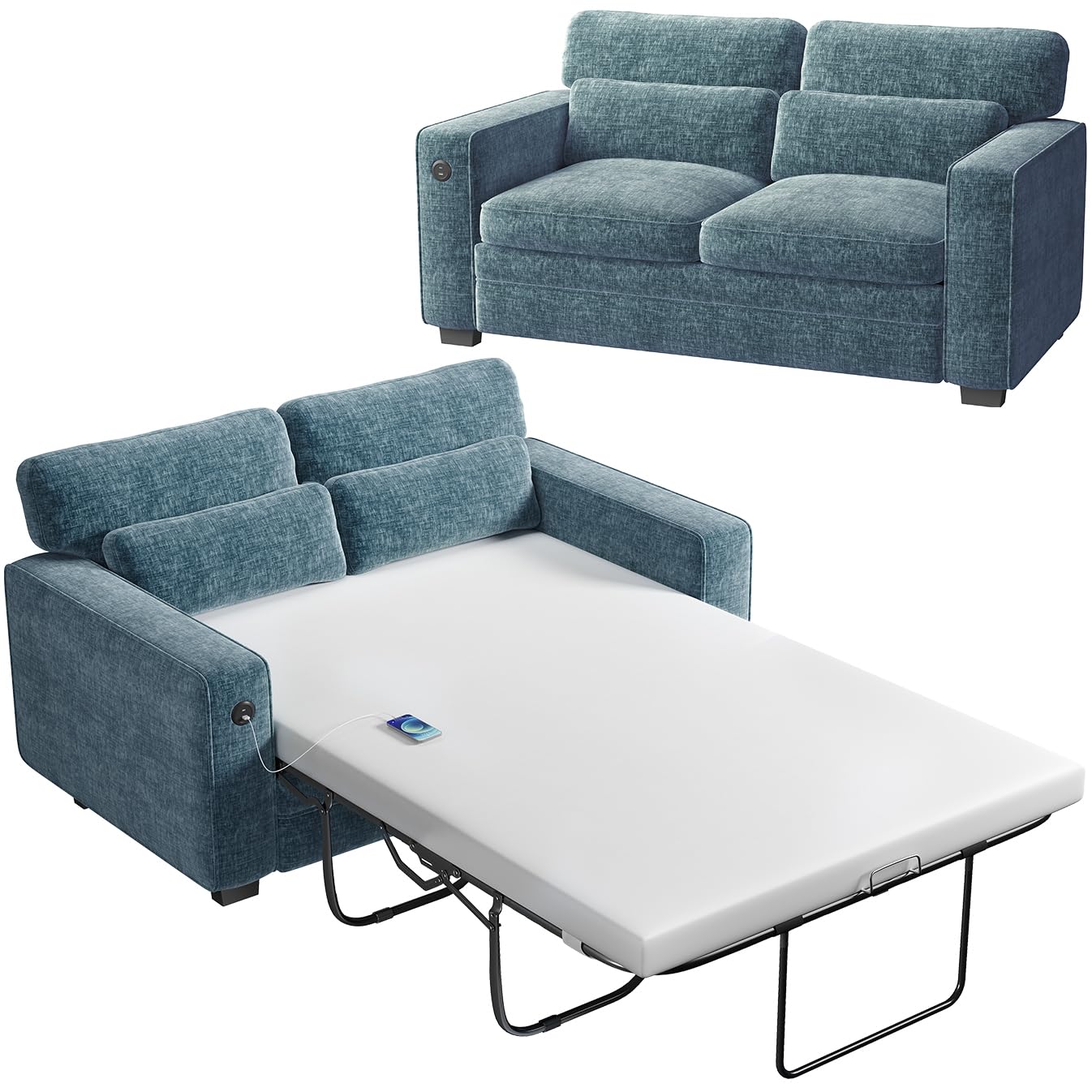 Photo 1 of ** selling as partial set. One box of two.**Marsail Pull Out Sofa Bed, Queen Size Sleeper Sofa with Memory Foam Mattress, 2 USB Charging and Removable Covers, Loveseat for Living Room, Apartment, Supports 600 LBS, Chenille Fabric, Blue