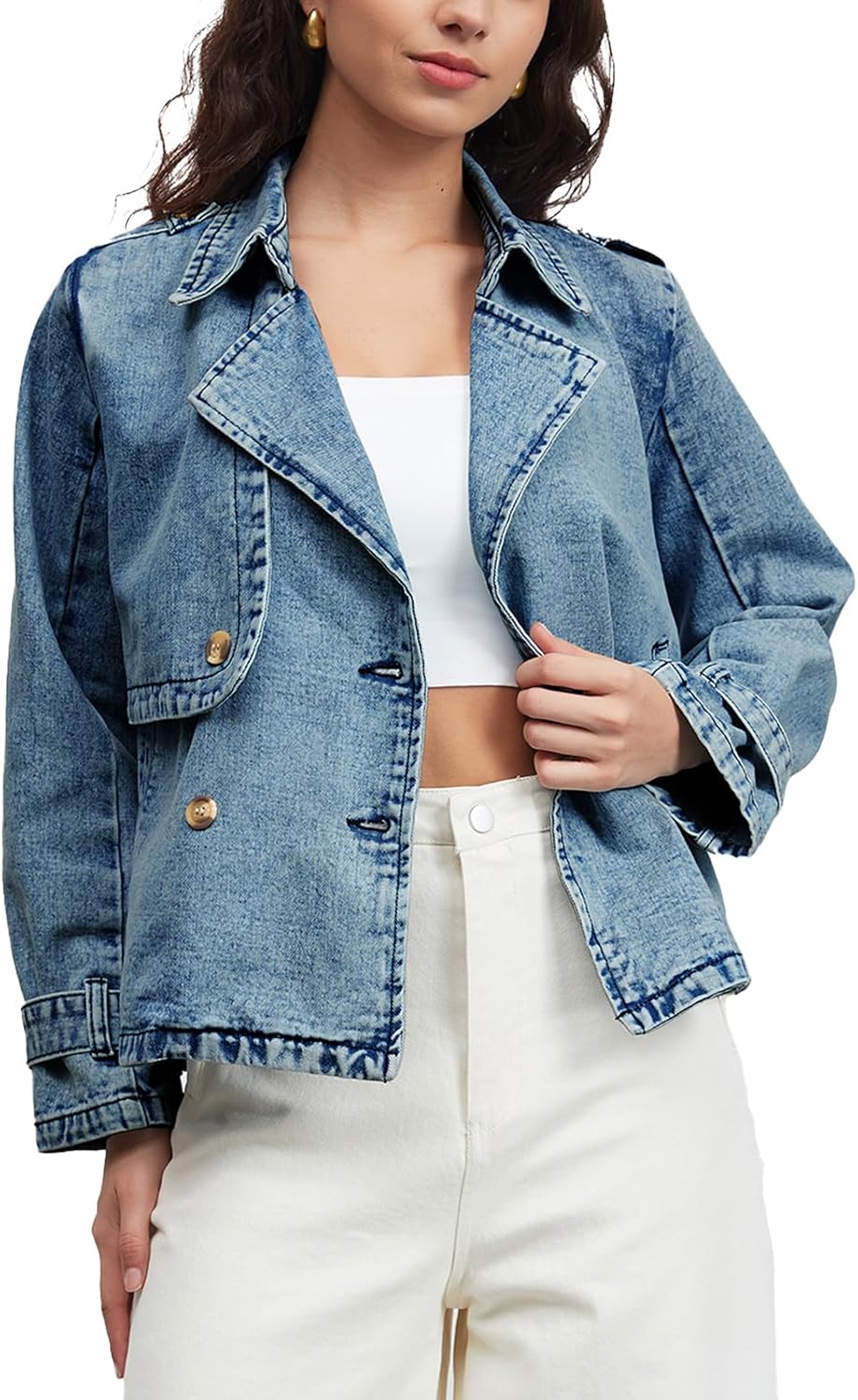 EZAPINE Denim Jacket for Women Lapel Double Breasted Oversized Jean Jacket Fall Casual Trendy Trench Coat with Pockets