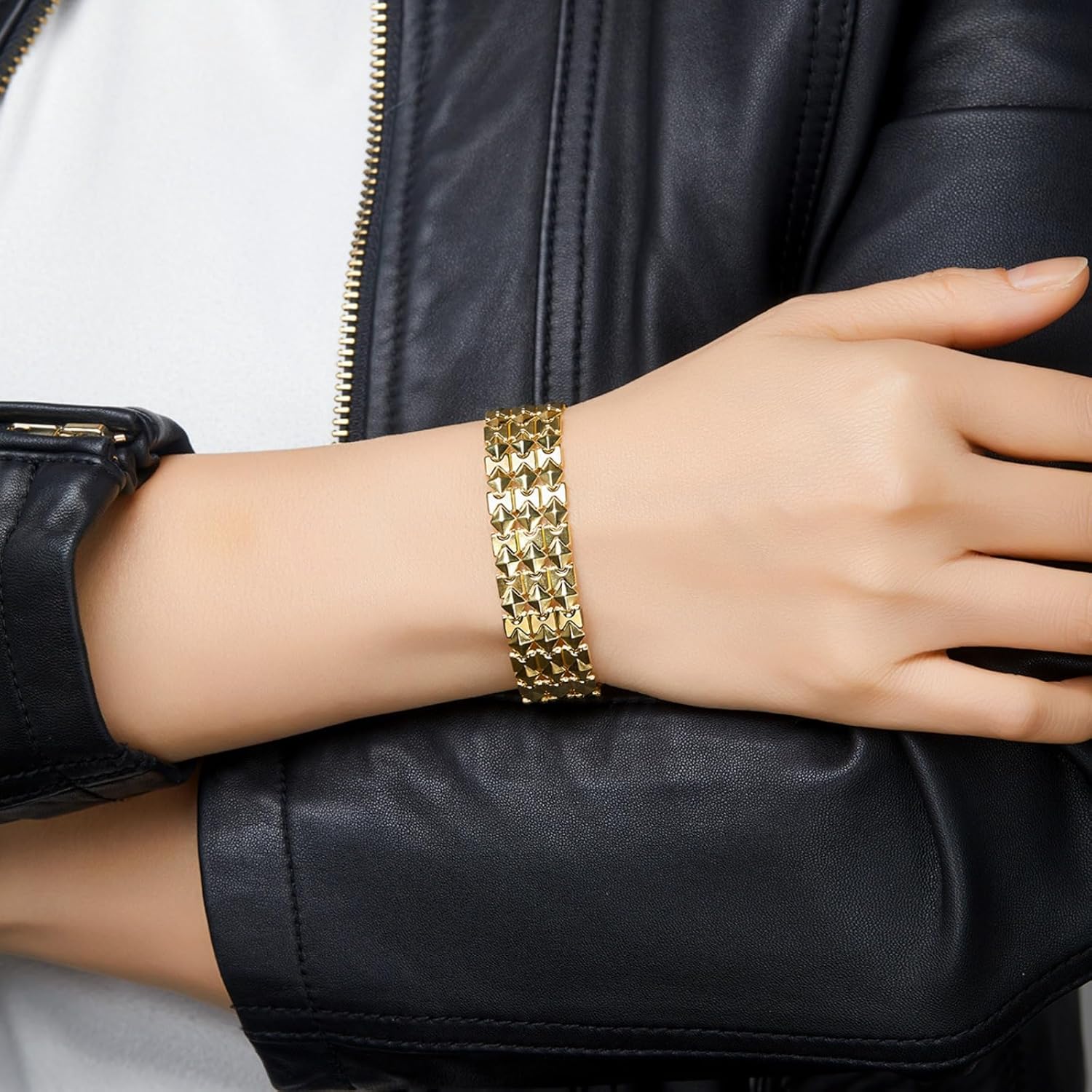 Italian Women's Diamond-Shaped Gold Bracelet Sterling Silver Plated with 18K Gold Men's Watch Strap Bangle Italian Bracelet Length 7inches