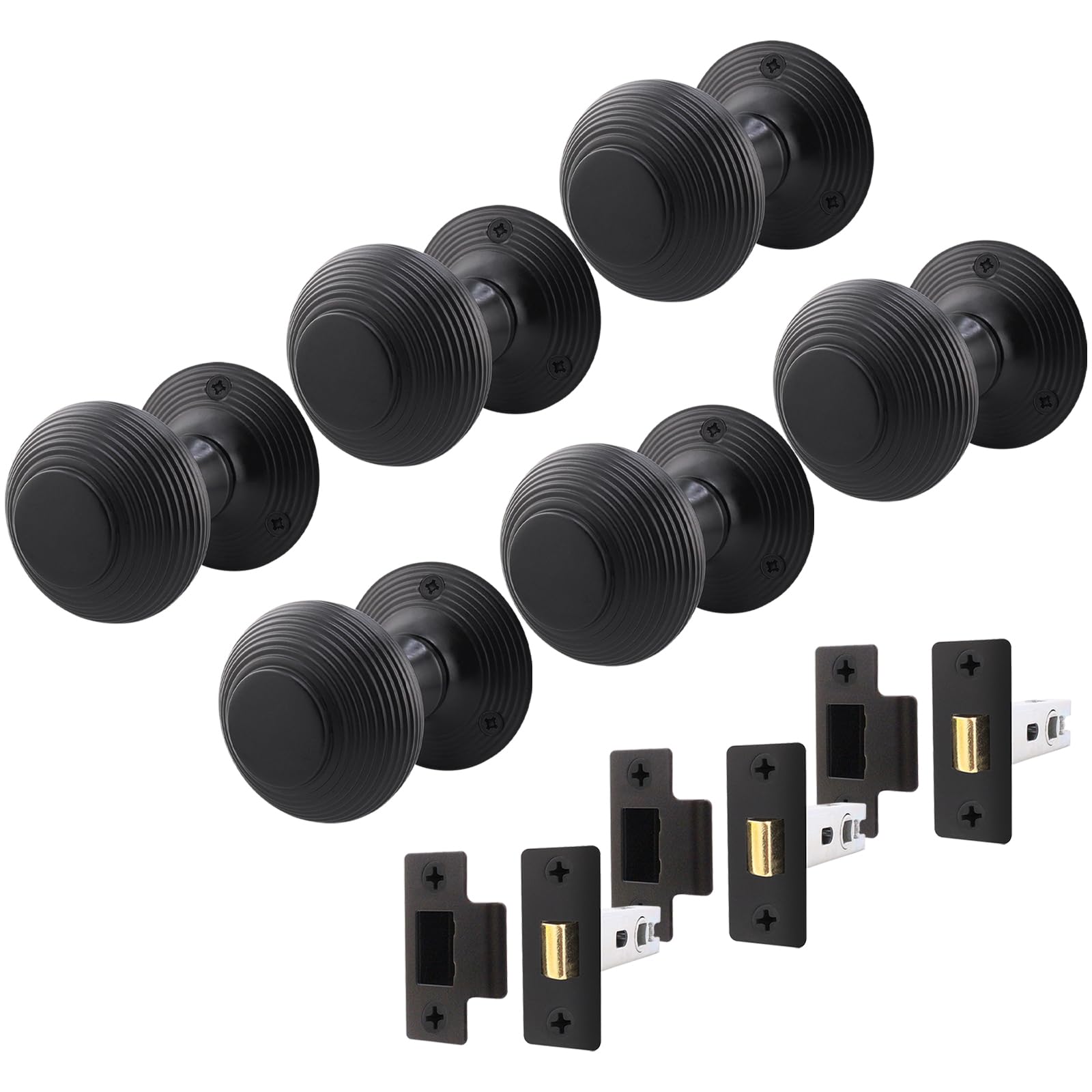 Eai Matt Black Beehive Reeded Black Door Knob Set | 3 Pairs Of Mortice Knobs (55Mm) & Latch (76Mm) For Internal Doors