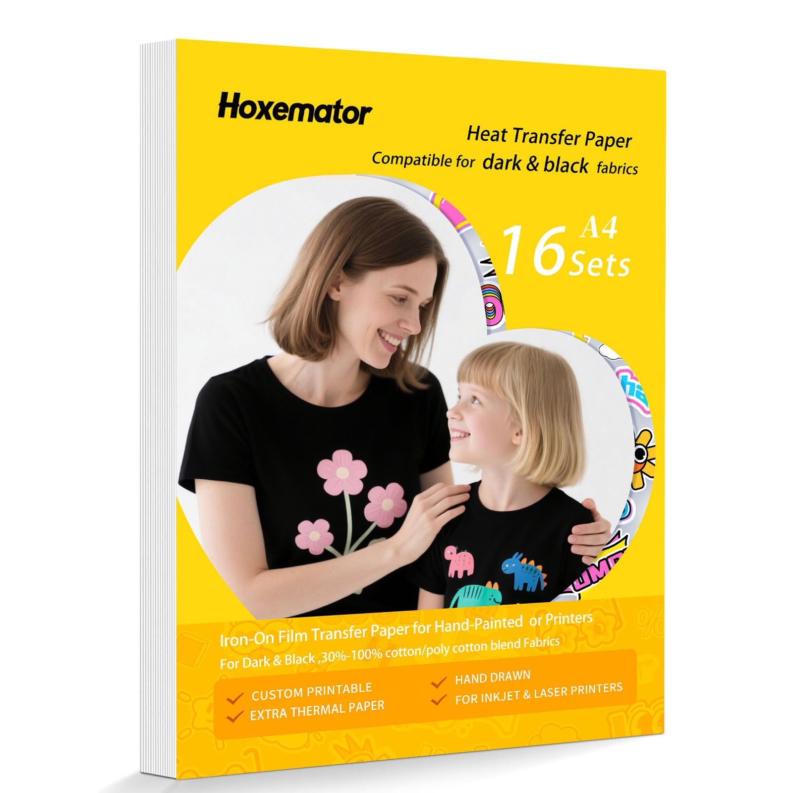 Carta Transfer per Tessuti Scuri [16 Fogli] Carta Termoadesiva Stampabile per Magliette, Compatibile con Stampanti Inkjet e Laser, Vinile Trasferibile per T-Shirt, Borse e Tessuti in Cotone