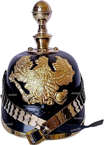 AnNafi German Pickelhaube Helmet | Leather Pickelhaube Imperial Prussian Helmet | Brass Military Officer Round Top Mens Costume | WWI & WWII Helmets Replica LARP Re-Enactment Party Cosplay Costumes