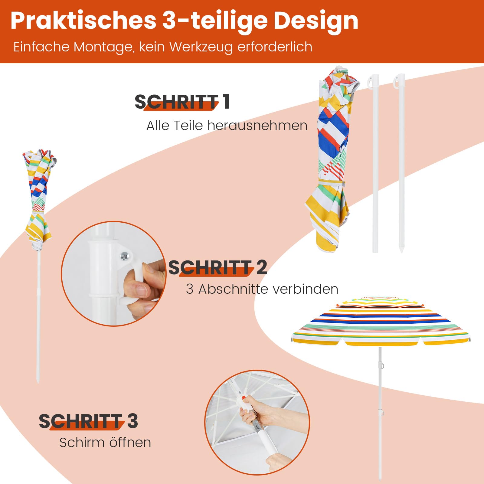COSTWAY Parasol przeciwsłoneczny na plażę, 179 cm, odporny na wiatr, stabilny UPF 50+, możliwość zginania w zakresie 30°, ochrona przed słońcem z ostrzem do wbijania w ziemię i torbą do przenoszenia