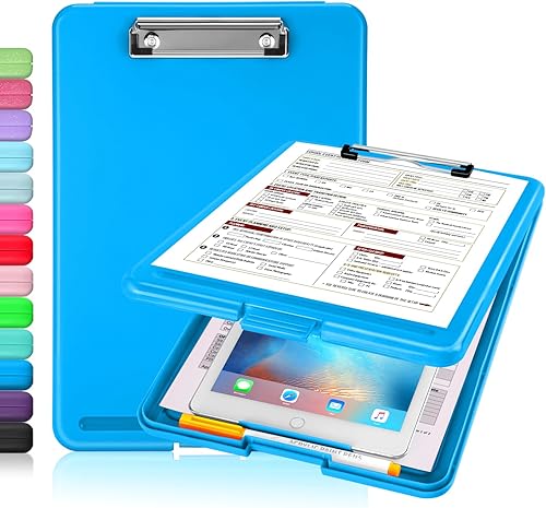 Vista 41 de Sooez - Portapapeles con almacenamiento, de plástico con clip de perfil bajo, resistente, plegable, cubierta impermeable para portapapeles