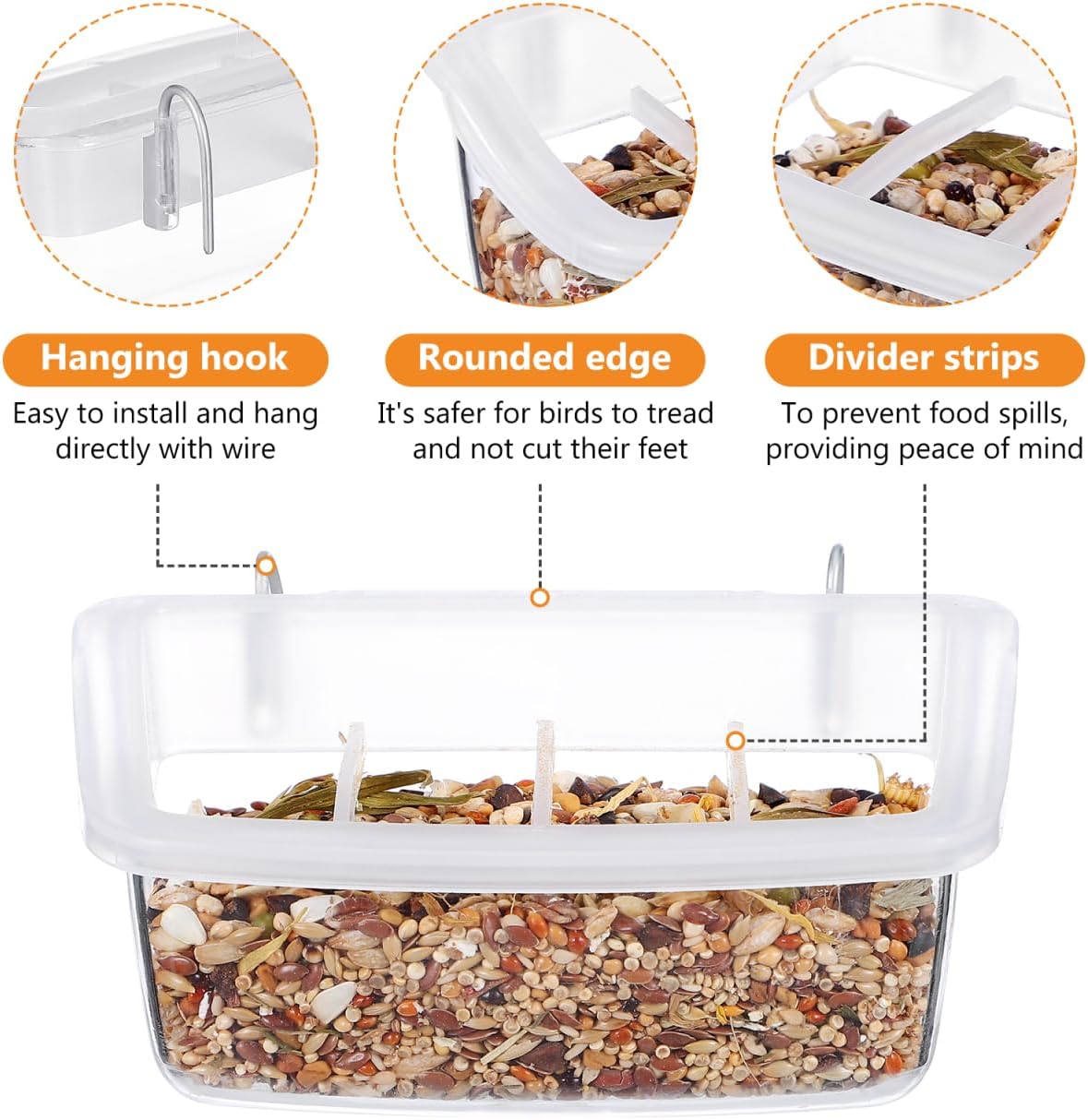 2 Pack Bird Cage Feeder Transparent Parakeet Food Dispenser with Hooks Water Dispenser for Small Parakeet Cockatiel Canary Budgie Parrot Home image 3