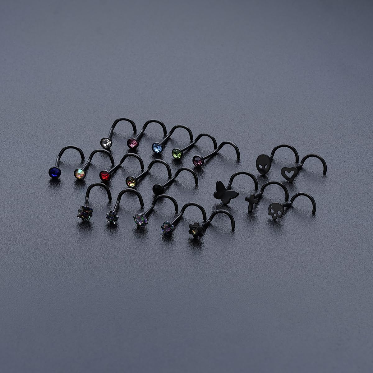 20G Nose Studs - Stainless Steel L-Shaped & Corkscrew Nose Rings for Women & Men - Black Skull Cross Halloween Nostril Piercings