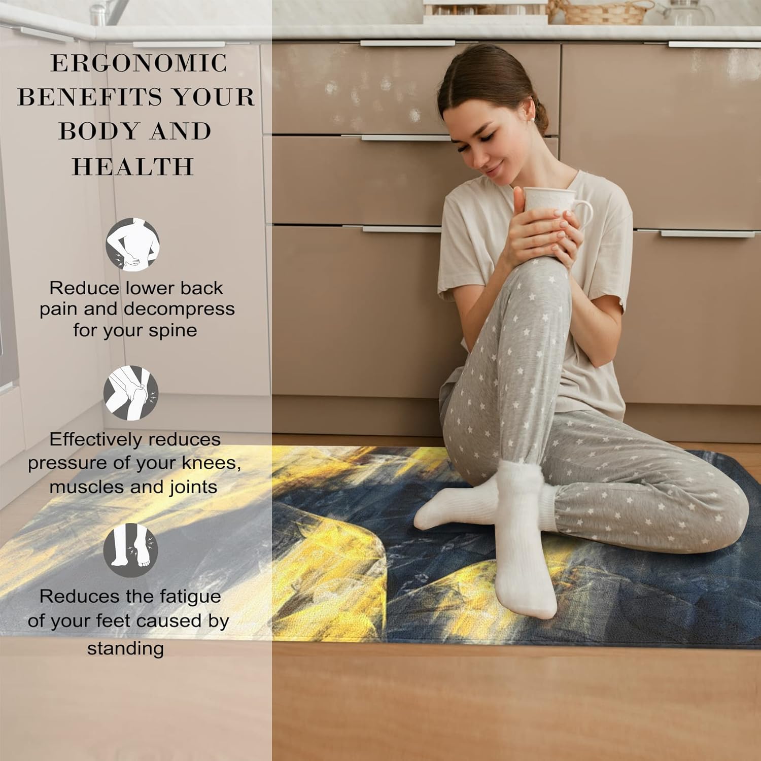 2 Pieces Kitchen Rugs, Abstract Anti Fatigue Non Slip Foam Cushioned Yellow Black Modern Painting Comfort Indoor Floor Mat Runner Rug Set for Laundry Office Sink Bathroom (17"X48"+17"X24")