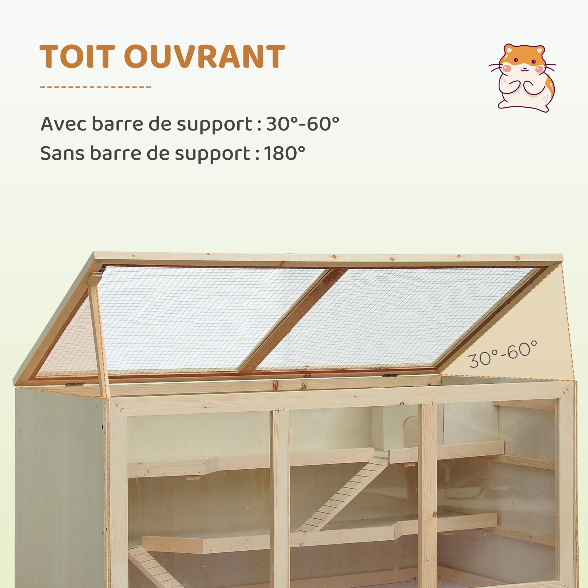 PawHut Gabbia per criceto a 2 livelli, Gabbia gerbilli con tetto apribile, finestre, capanna, habitat per piccoli roditori, 2 scale e vassoio scorrevole, 115 x 57 x 55 cm, effetto legno naturale