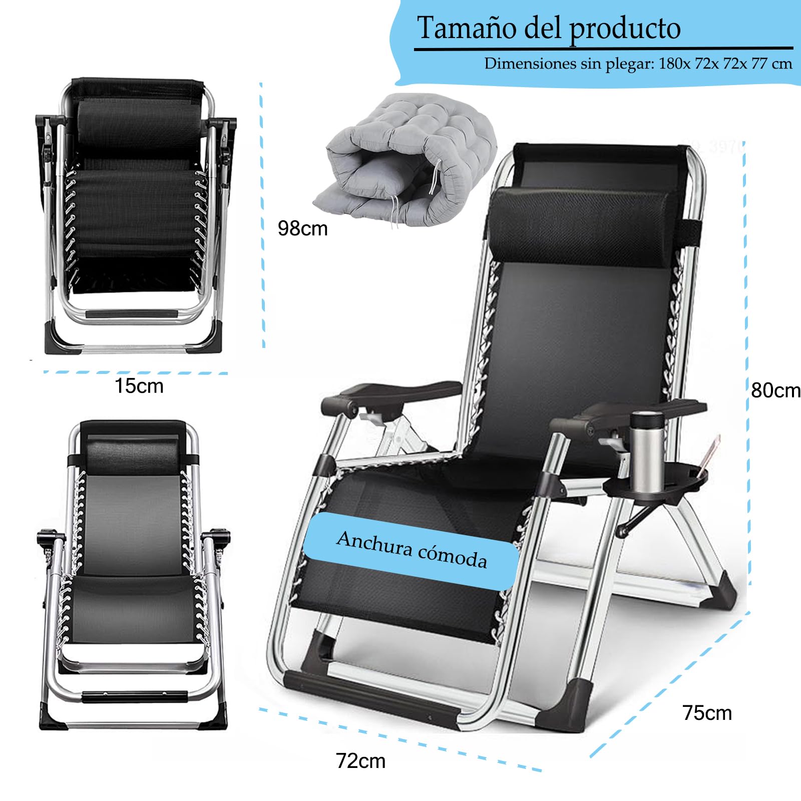 Tumbonas Gravedad Cero, Tumbona de Relax Silla de Jardín Plegable, para Playa, Piscina, Terraza,Camping.Carga Máxima 200kg (A-con Cojín Gris, Set de 1)