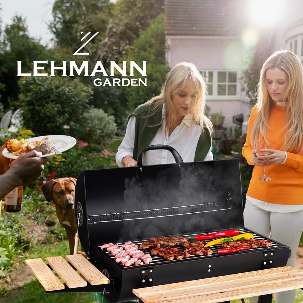 LEHMANN Barbecue a Carbonella con Griglia XL, Carrello Grill con Due Ripiani in Legno