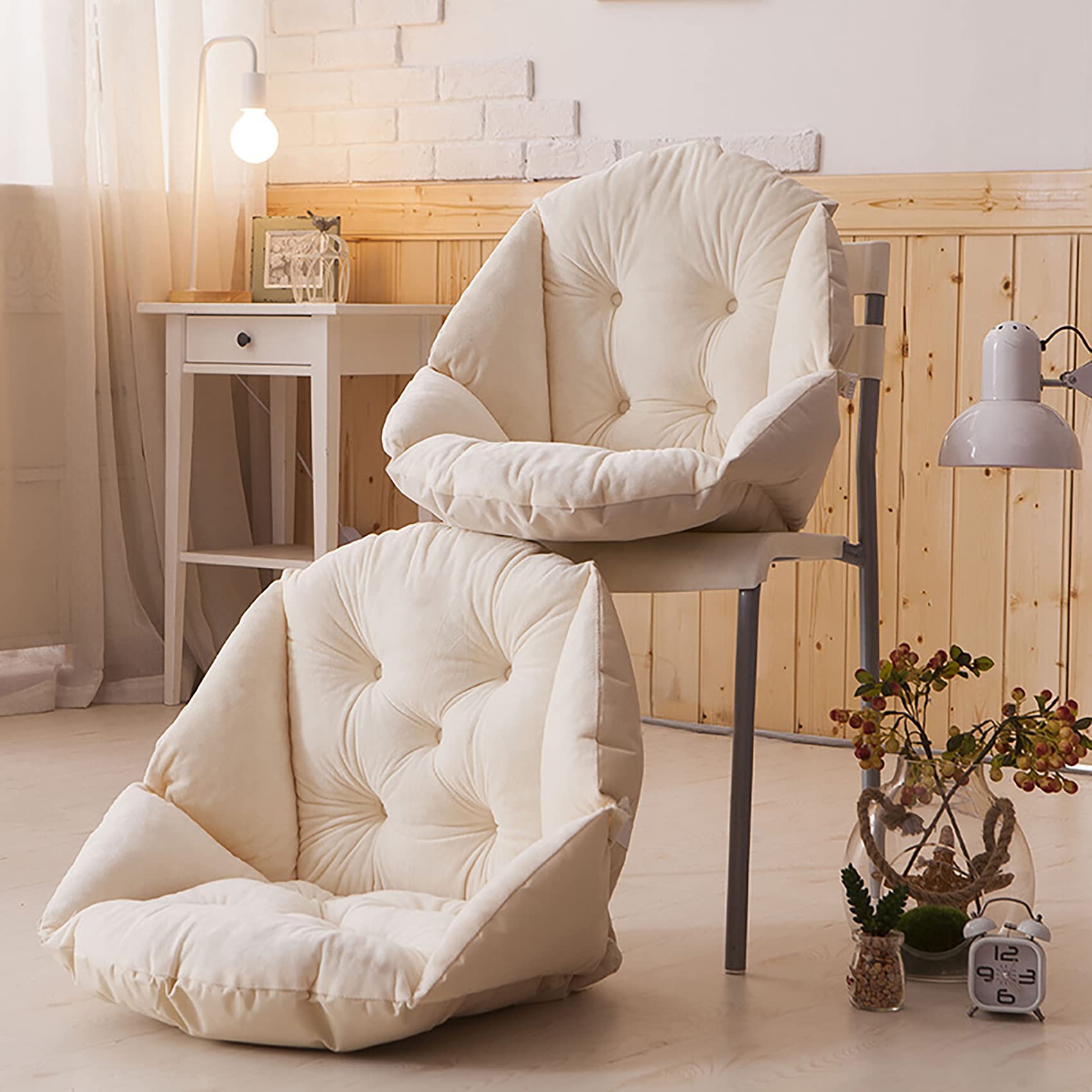 Verdicken Stuhlkissen Mit Bänder,Plüsch Sitzauflage Mit Rückenlehne,Non Slip Stuhlauflage Für Support Taille Rückenlehne Home Office Stuhl-Beige 48x52cm(19x20 inch)