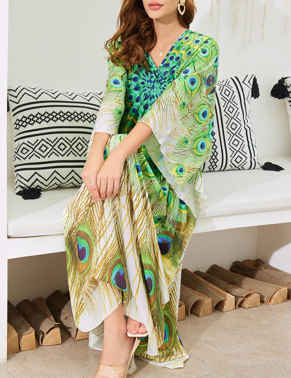Bsubseach Mujer Traje de baño Cubrir Estampado étnico Kaftan Beach Maxi Vestidos