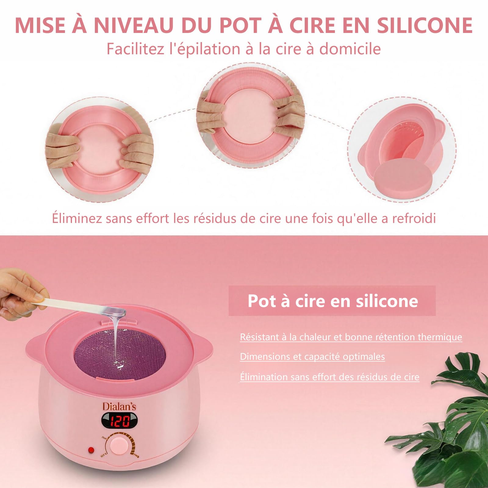 Chauffe Cire Epilation, Kit D'épilation à la cire Avec Affichage numérique Chauffe-cire, Silicone Bol, Perles Dure Pour le visage/Bras/Jambe/Bikini, Tous Les Types de Cheveux - rose