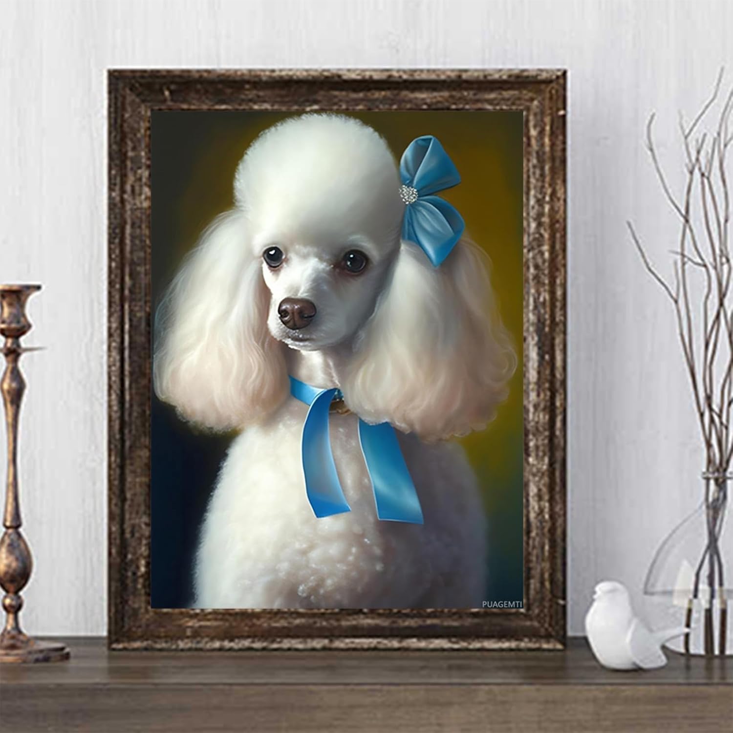 PUAGEMTI White Poodle Wearing a Blue Bow Diamond Painting Kits for Adults Dog DIY 5D Diamond Art Kits Gem Art Craft Kits for Home Wall Decor Gifts (12x16 inch)