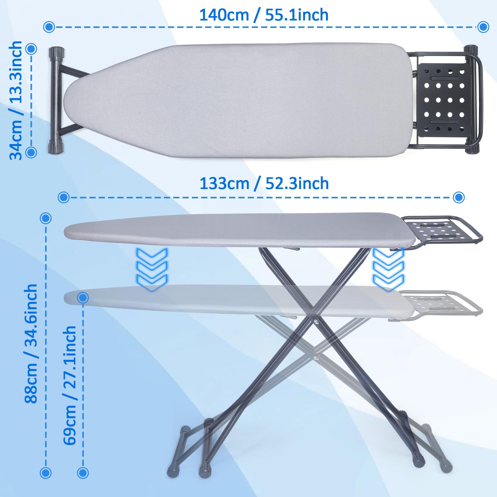 Bügelbrett,Dampfbügelbrett mit Bügeleisenablage, Metallnetz Bügeltisch mit Rutschfesten Füßen für Verstellbarer Höhe,Bügelbrett Klappbar Kein,Robuster Bügeltisch größe 133x34cm