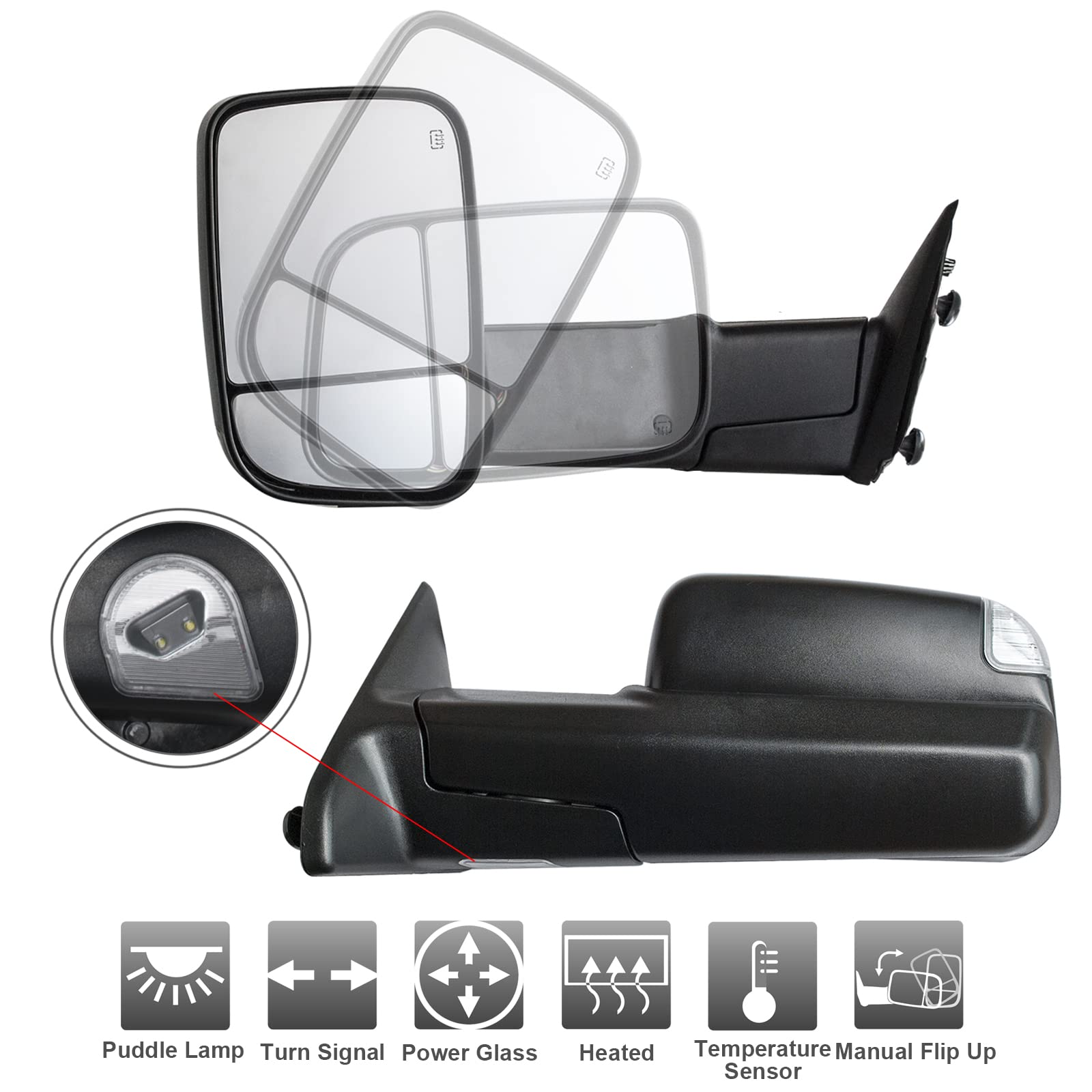 Towing Mirrors For Dodge Ram Trucks (2009-2019) – Power-Heated With Turn Signal & Puddle Light – Pair