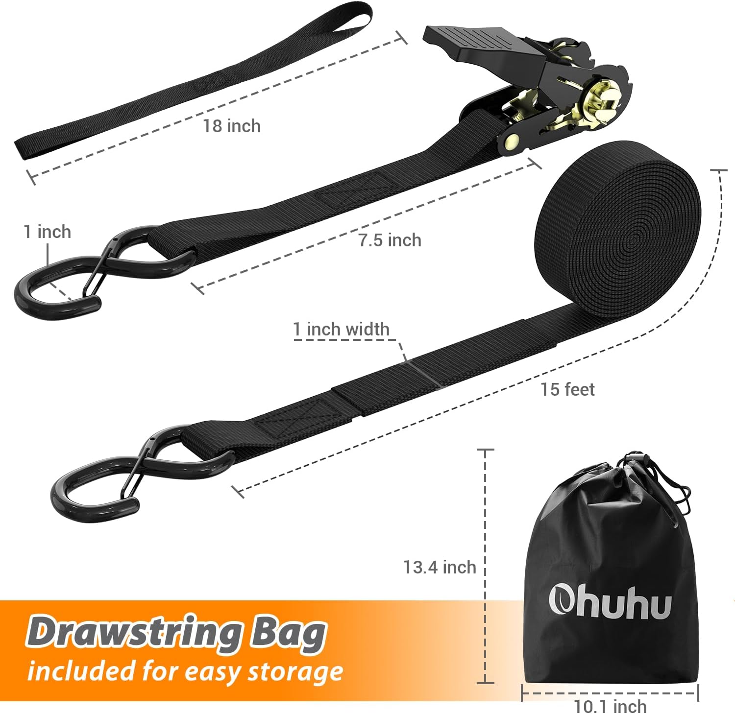Ratchet Tie Down Straps with Safety Clip 4-Pack 1" x 15' & 4 Soft Loops - 500 lbs Load Cap 1500 lbs Breaking Limit, Ohuhu Ratchet Tie Downs Logistic Cargo Straps for Moving Appliances, Motorcycle