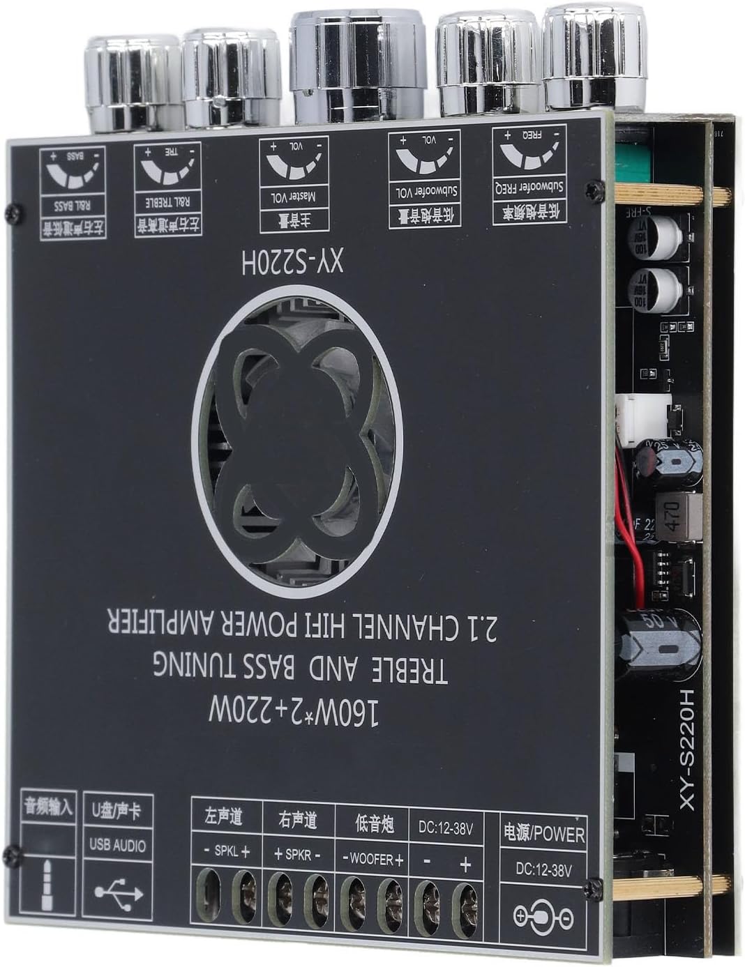 Side view of the Sanpyl XY S220H Amplifier Board showing input and output ports