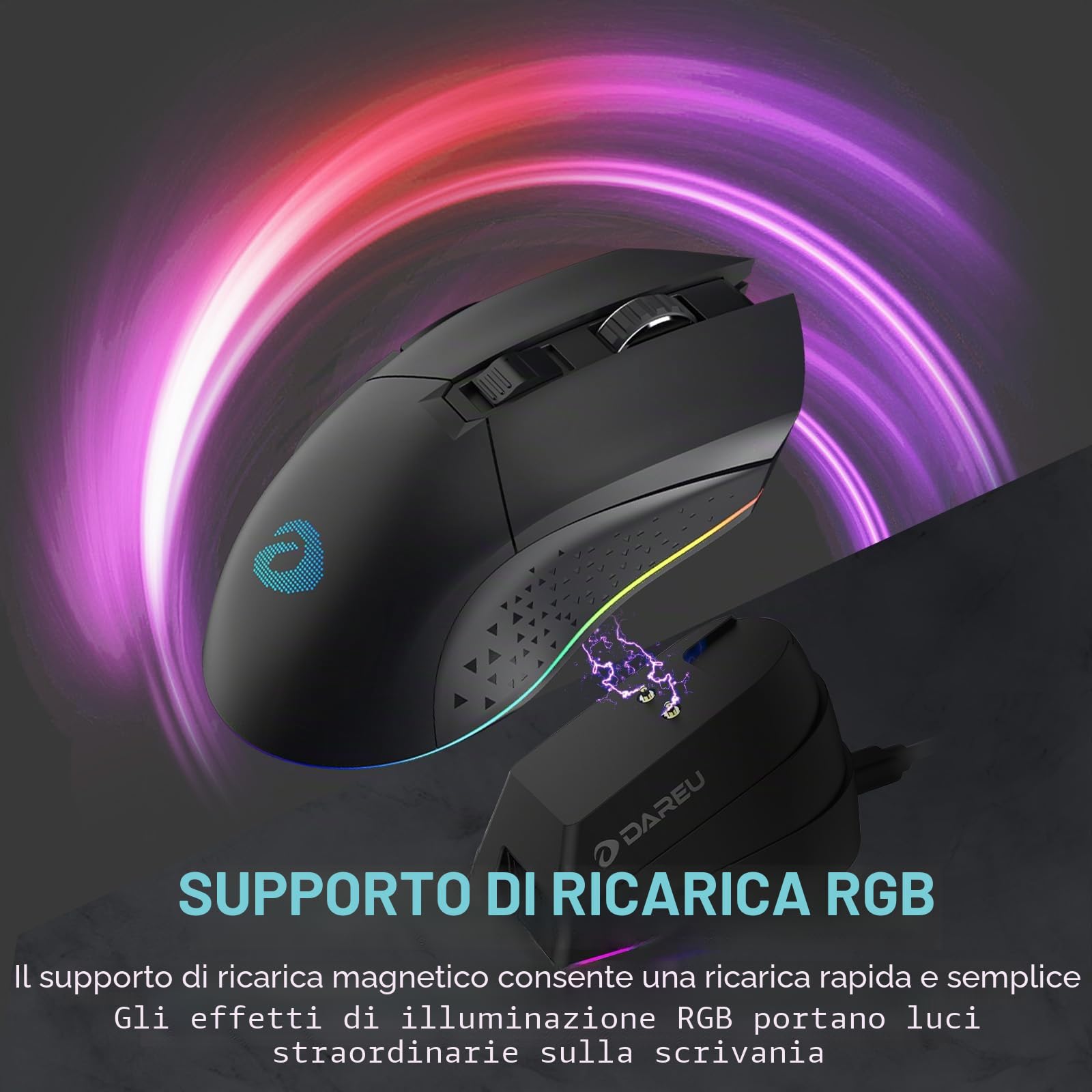 DAREU EM901X Gaming Mouse da gioco wireless con dock di ricarica RGB ricaricabile, 12K DPI, 6 pulsanti programmabili, sensore ad alta precisione [300IPS] [1000Hz] per PC Notebook Mac