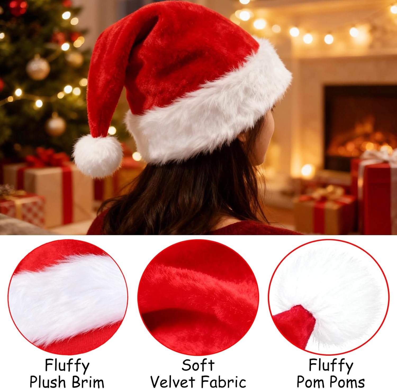 Christmas Santa Hats for Adults Unisex Velvet Classic Extra Thicken Fur Santa Hat for Festive Holiday Party Supplies