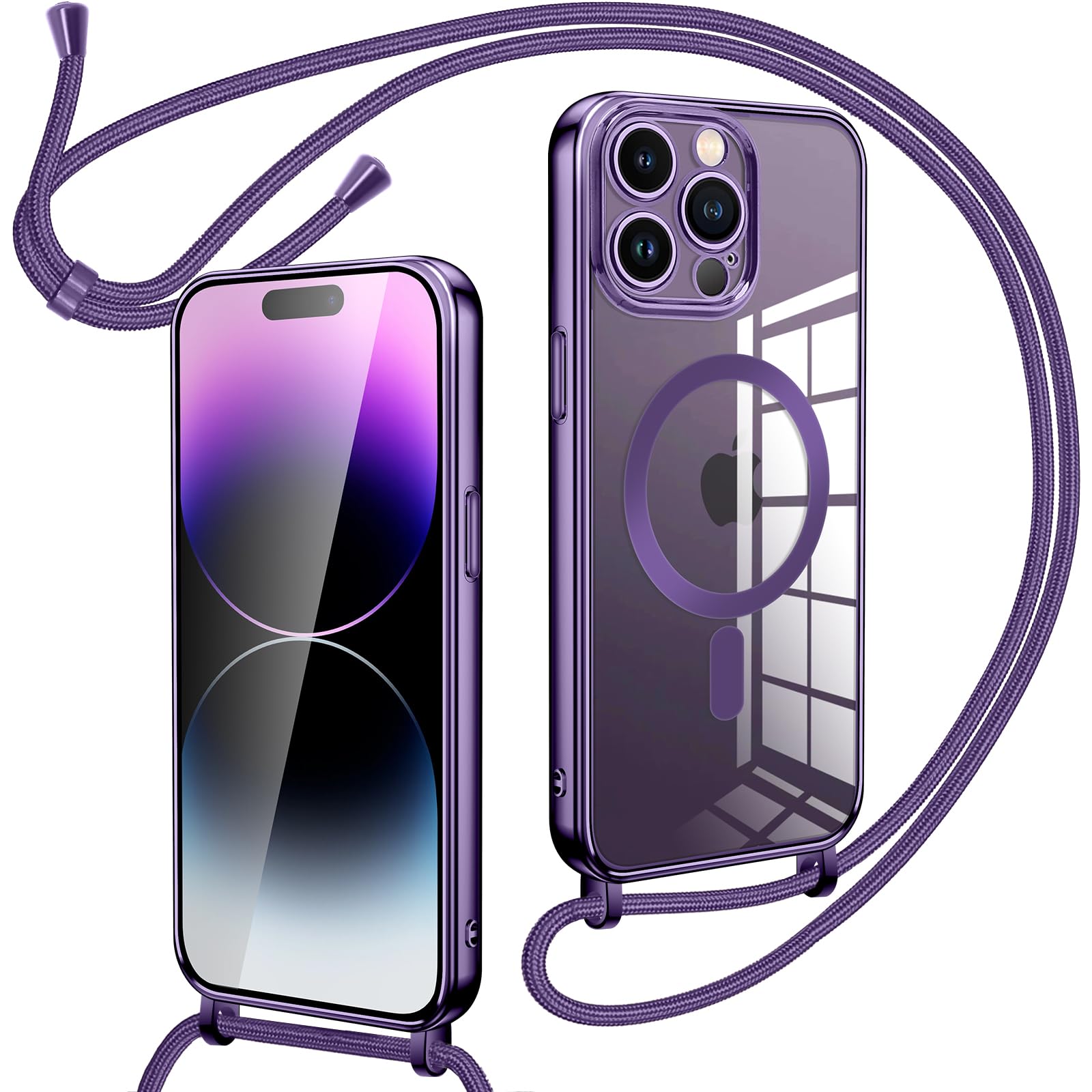 Oelrstfe Cover Trasparente con Cordino per iPhone 14 Pro con Magnetico, Custodia Sottile Morbido Silicone con Laccio Collana Tracolla Regolabile Antiurto Case con Collana per iPhone 14 Pro - Viola
