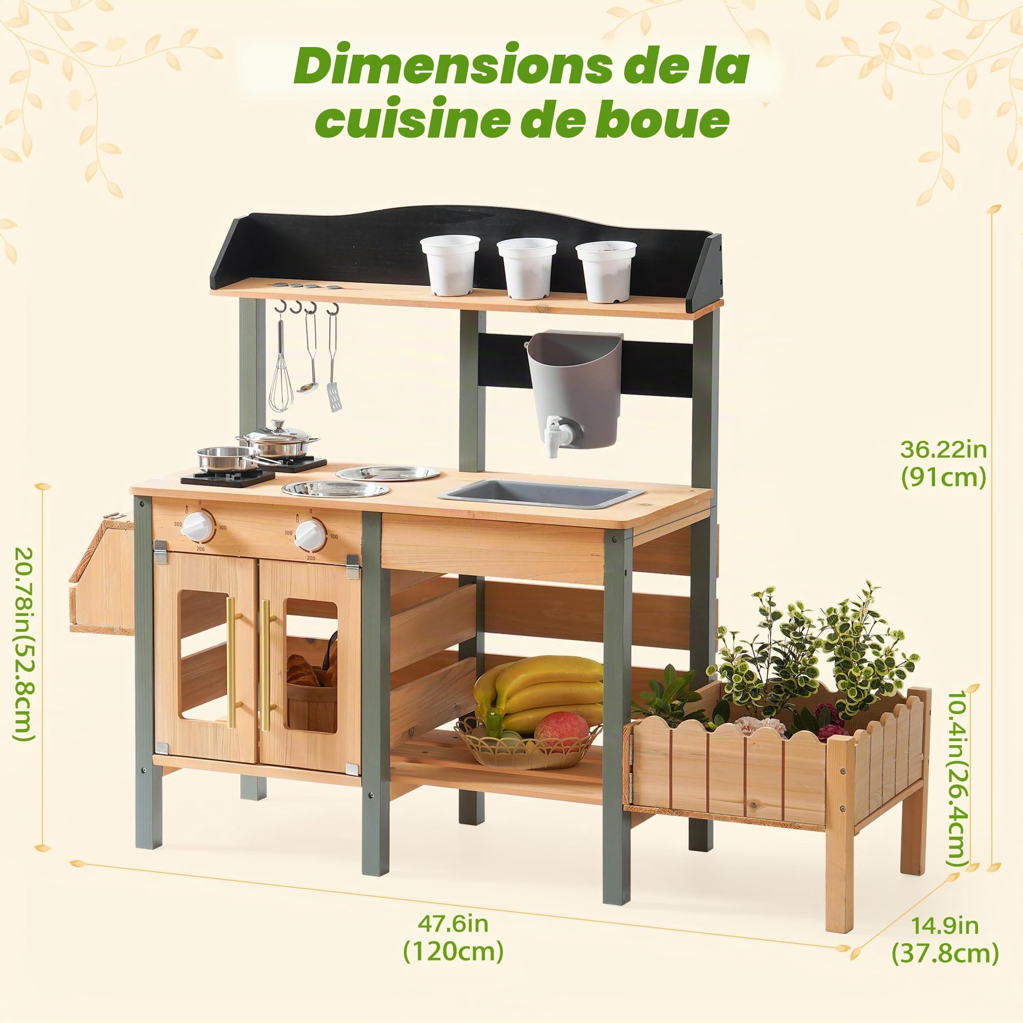 ROBUD Cuisine boueuse pour enfants, cuisine de jeu en bois avec robinet, jardinière, étagères de rangement, bois naturel