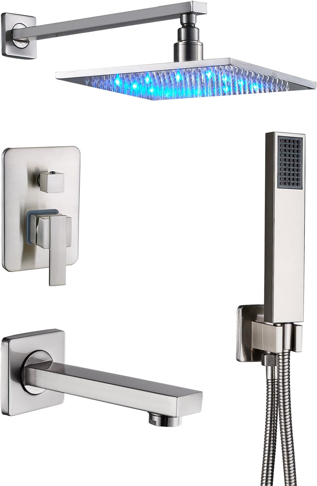 Senlesen Brushed Nickel Rain Mixer Shower Combo Set Wall Mounted 3 Way Shower System with 12" LED Light Rainfall Shower Head Handheld Shower and Tub Spout Faucet