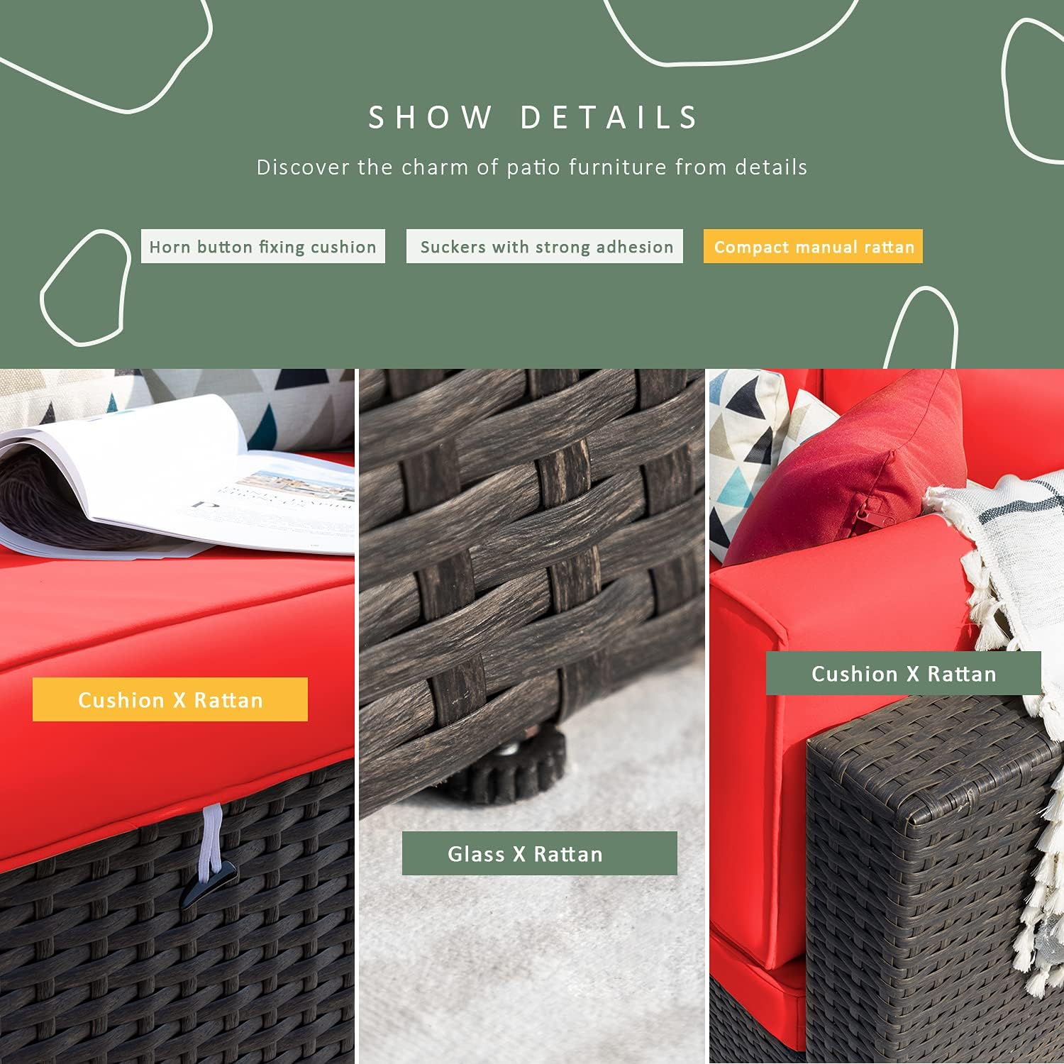 Alaye view of the Devoko patio sofa showing cushion fixing buttons, suction cups for stability, and the compact manual rattan weave.