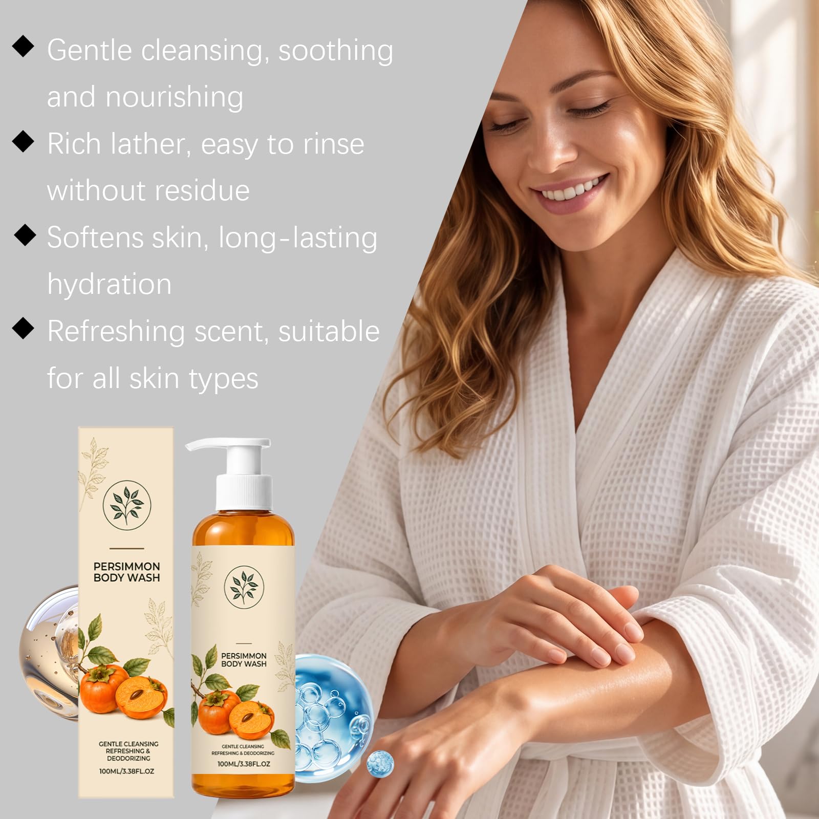 Gel doccia deodorante al cachi per pelli mature, idratante, naturale, per eliminare gli odori del corpo, detergente delicato e deodorante per l'uso quotidiano, per uomini e donne. 6 pezzi