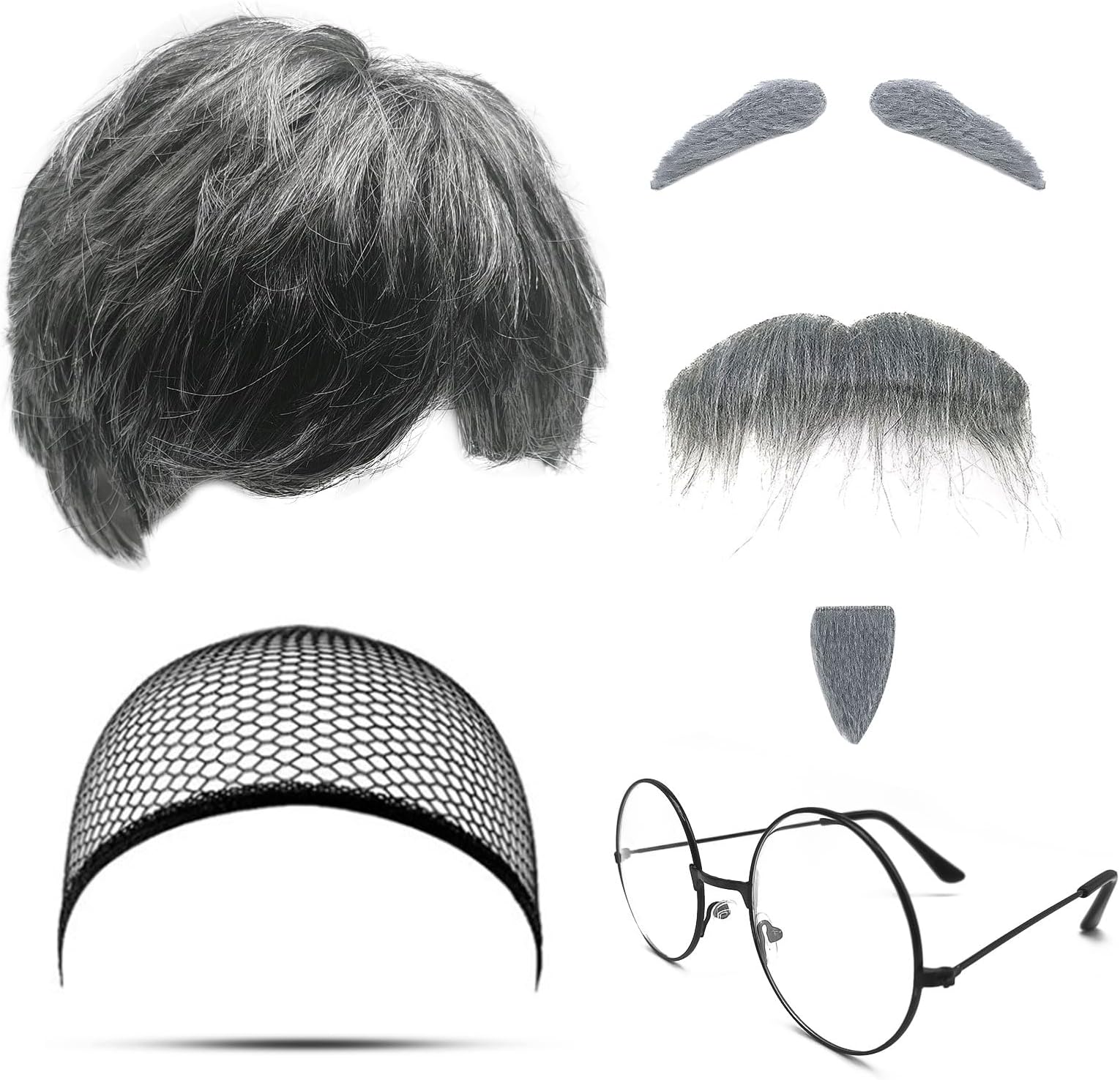MIVAIUN 7Pcs Grandpa Costume Set Old Man Costume Accessories Grandpa Wig Set Wig Fake Beard Eyebrows Wig Cap Glasses Grandpa Dress Up Set for Halloween Christmas Cosplay Theme Party(Old Man Set)