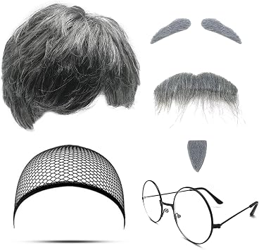 MIVAIUN 7Pcs Grandpa Costume Set Old Man Costume Accessories Grandpa Wig Set Wig Fake Beard Eyebrows Wig Cap Glasses Grandpa Dress Up Set for Halloween Christmas Cosplay Theme PartyOld Man Set