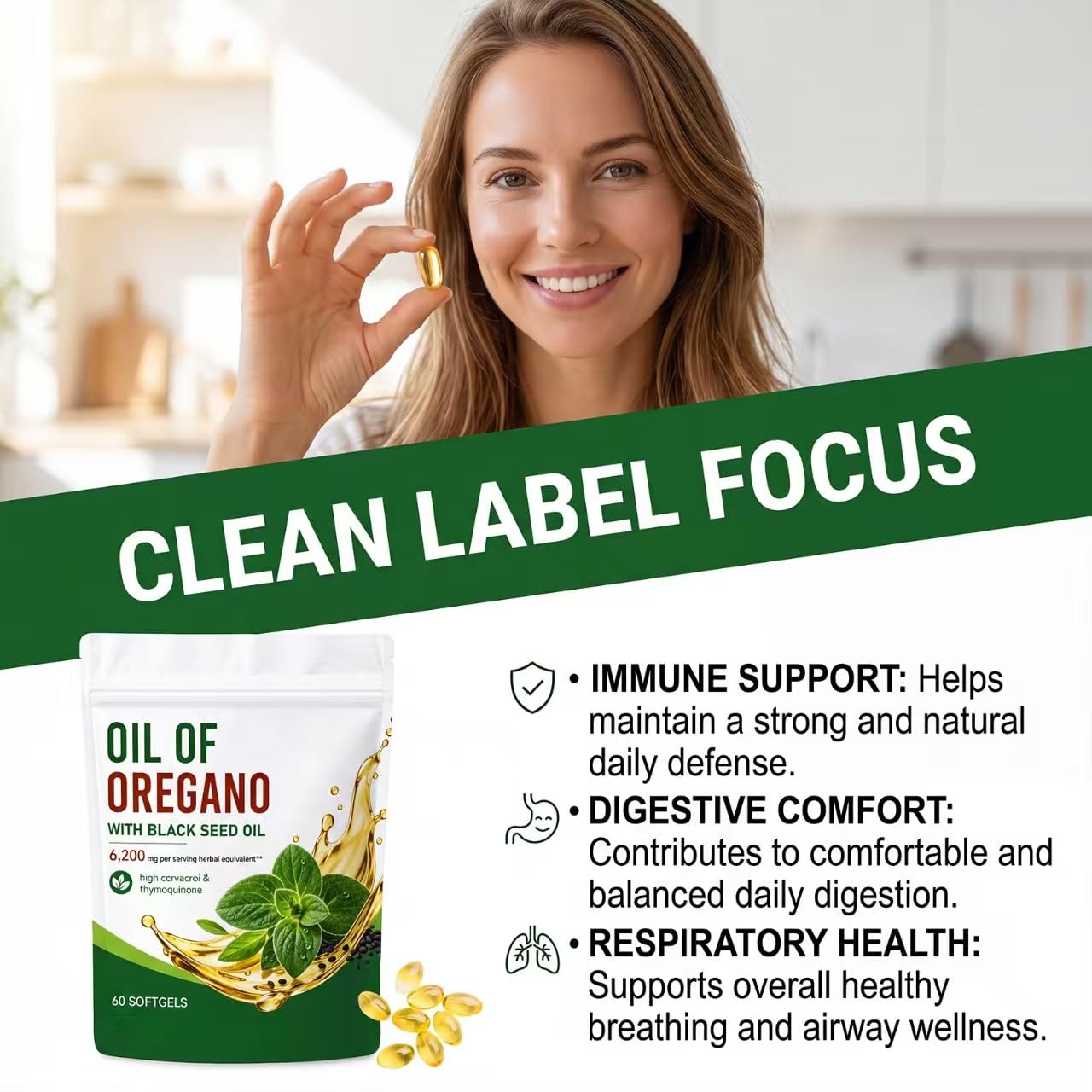 Aceite de orégano con aceite de semilla negra 6200 mg, apoyo digestivo