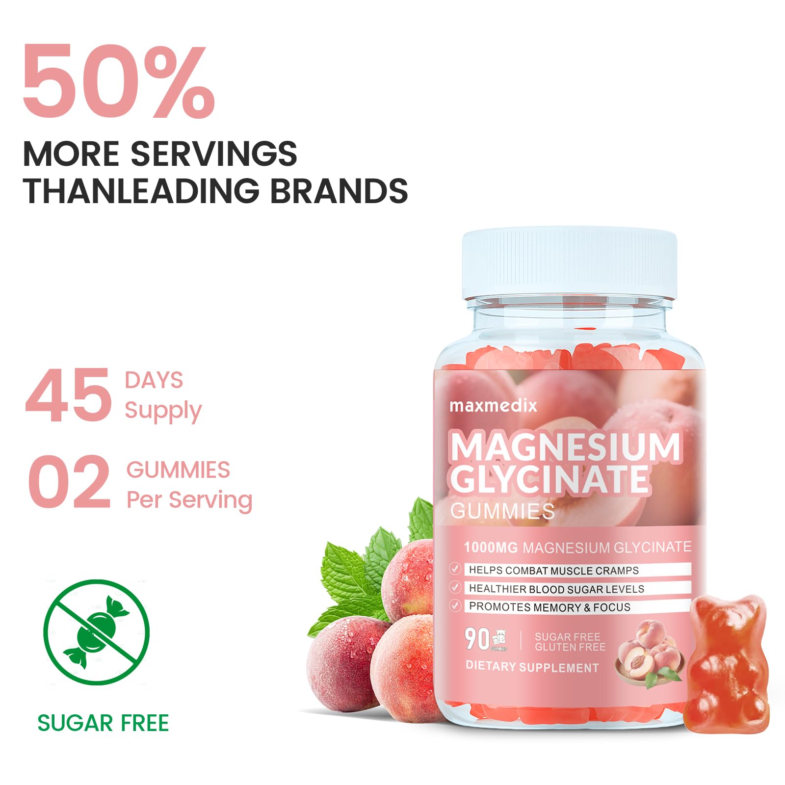 Magnesium Glycinate Gummies 1000mg, Sugar Free Magnesium Potassium Supplements Chewable for Adults with L-Threonate for Sleep, Body Support and Relaxation,90 Peach Gummies — Amazon image 6