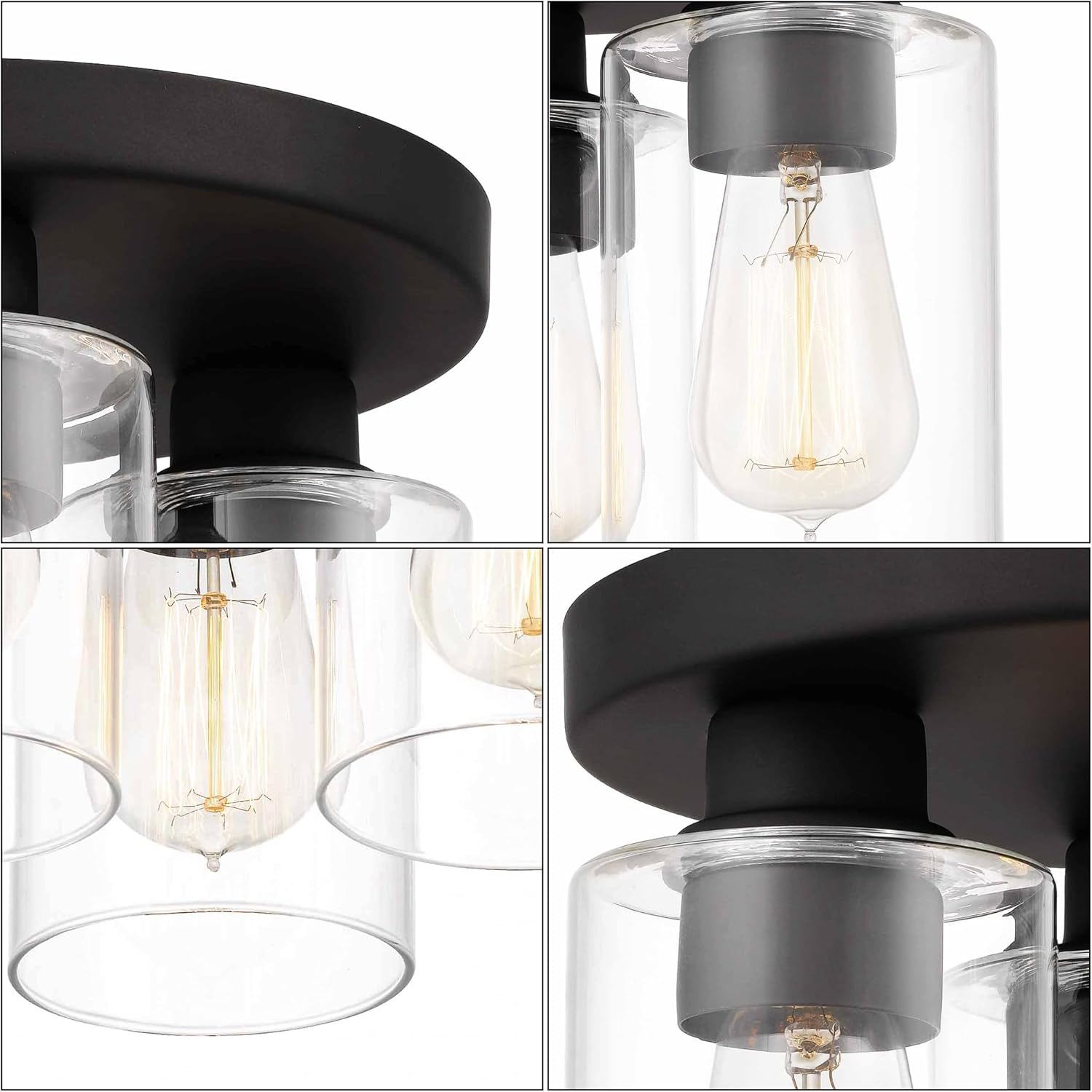 Debo Modern Farmhouse 3-Light Flush Mount Ceiling Light Fixture with Clear Glass Shade in Dark Bronze Finish for Hallway, Entryway, Passway, Bedroom, Garage, Kitchen, Balcony Living Room