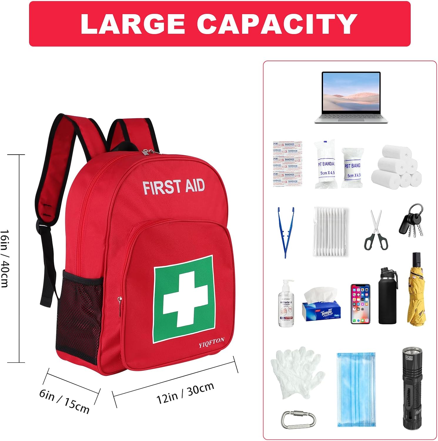 First Aid Backpack Empty, Red Waterproof Emergency Backpack, Portable Large Capacity Empty Medical First Aid Bag for Car Home Office Outdoor Travel Hiking Camping image 5