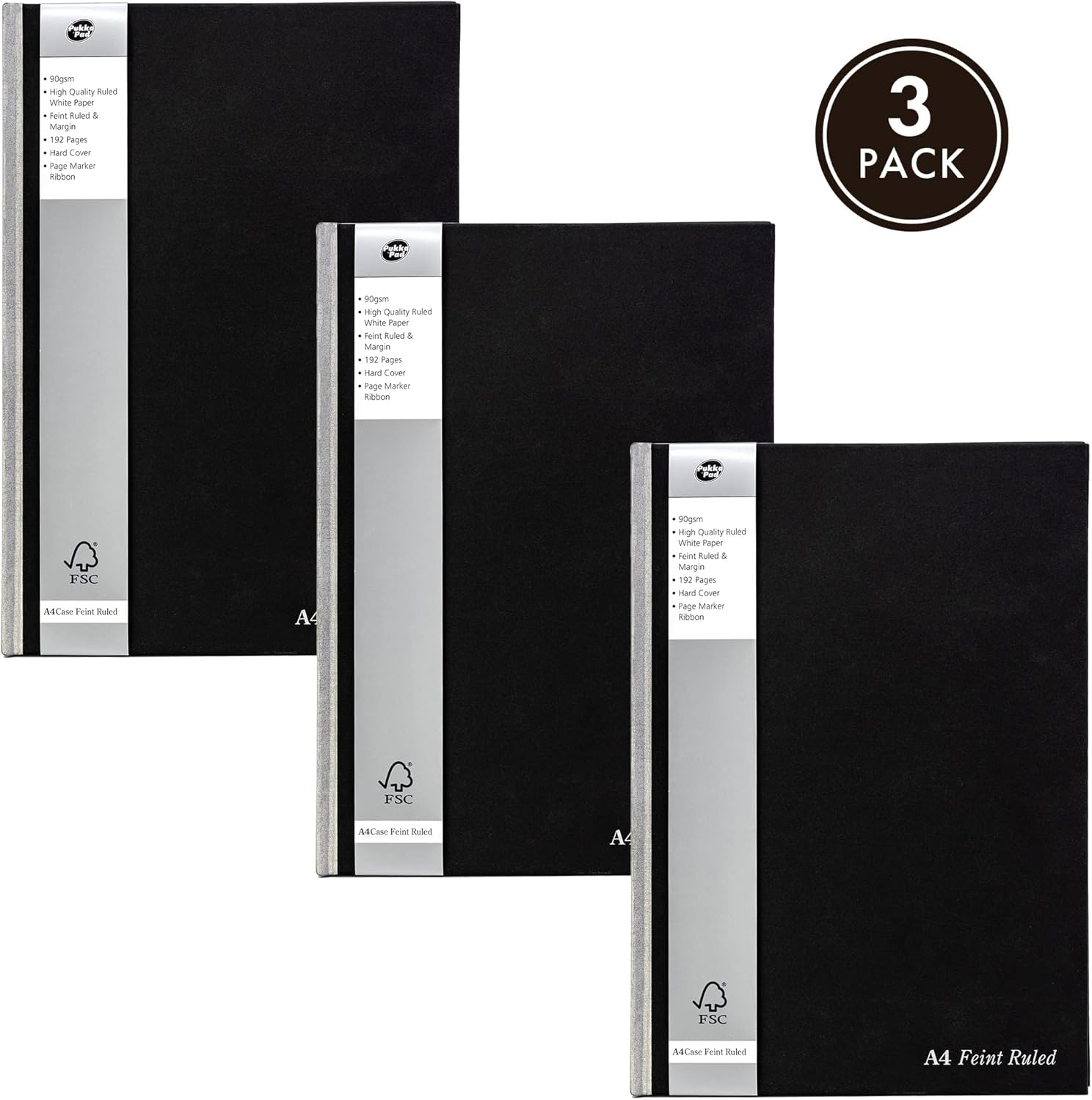 Pukka Pad Black Linen Casebound A4 Pad – Pack of 5 Hardback Notebooks with 192 Pages of 90GSM Paper with 8mm Lines and Margin – 29.7 x 21cm, Black
