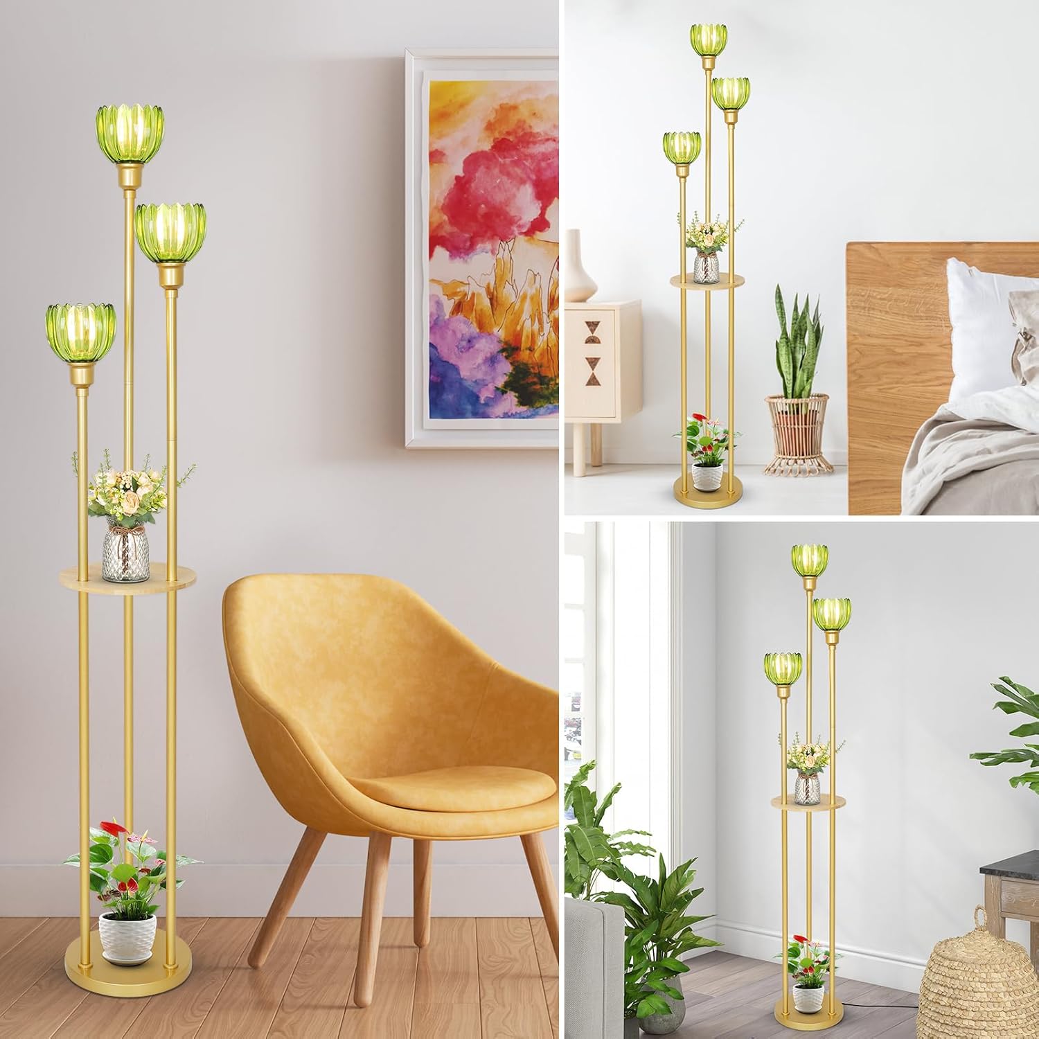 HMVPL Gold Floor Lamp for Living Room, Boho Floor Lamp with Shelves, Vintage Standing Lamp with Table, Brass Flower Tall Lamp with Green Glass Shade, On/Off Switch, Mid Century Corner Lamp for Bedroom