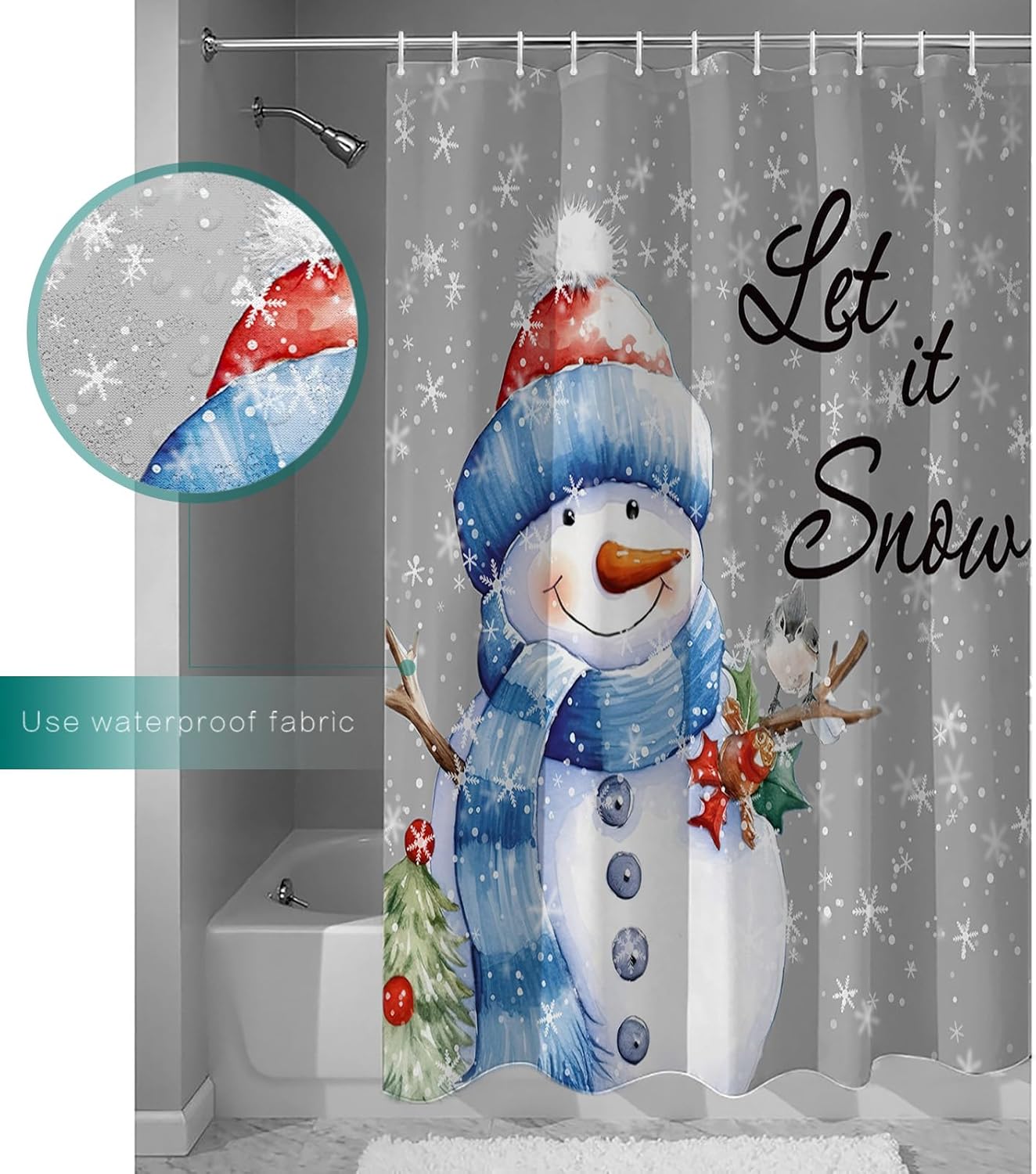 Christmas Shower Curtain for Bathroom 66" x 72" Snowman Snowflake Gray Winter Xmas Shower Curtain with Hooks Polyester Waterproof Home Bathtub Decor