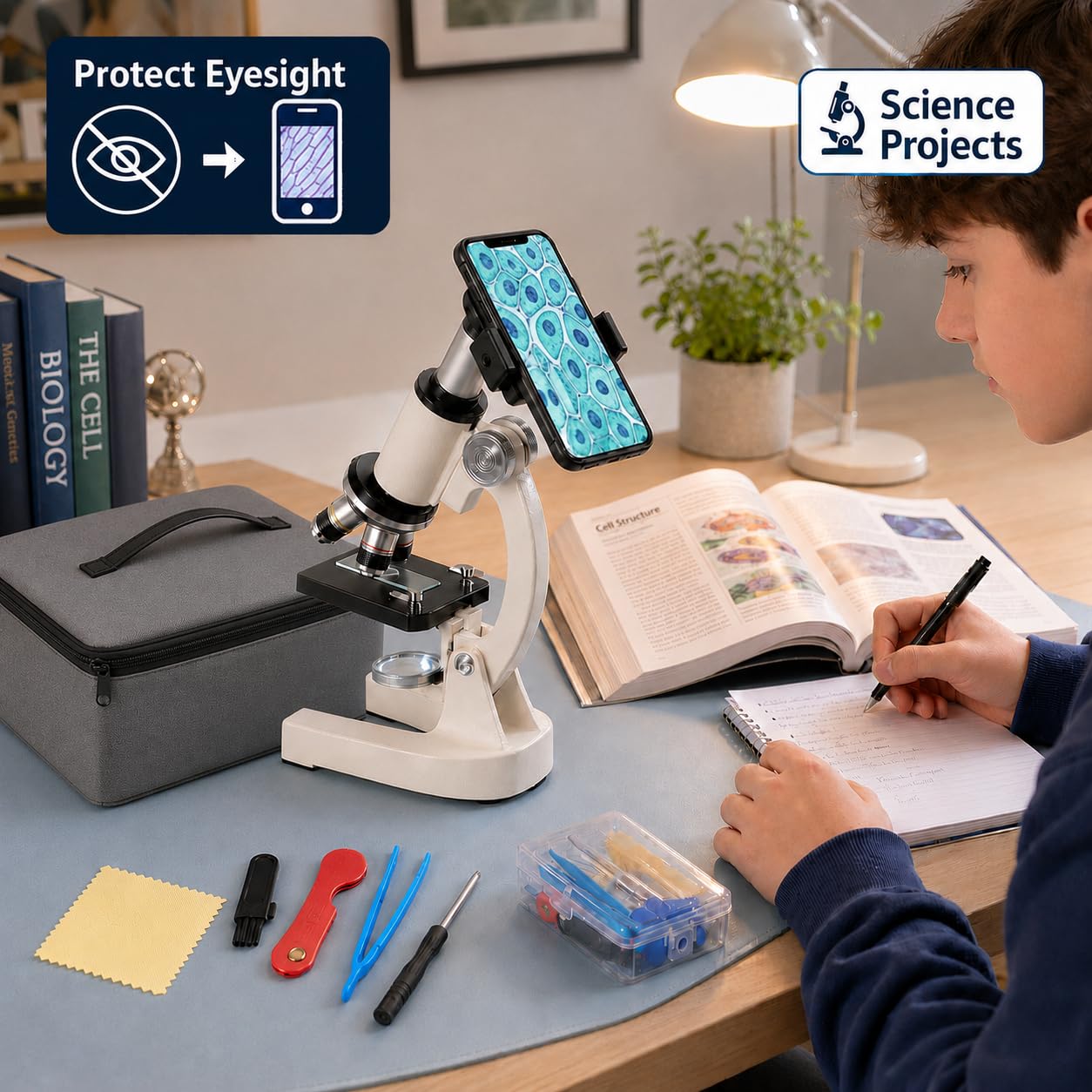 Microscopio 200X-5000X, microscopio ottico biologico composto con set di diapositive e adattatore per telefono, attrezzatura per l'educazione scientifica per studenti e principianti
