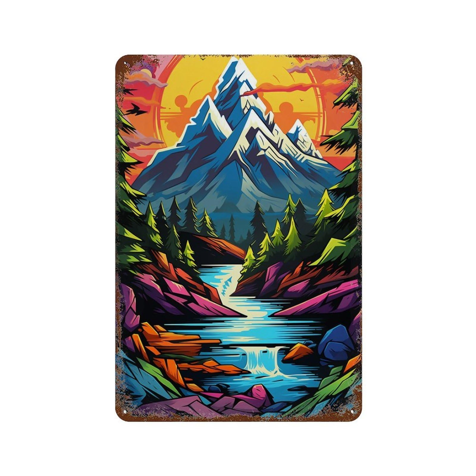 Rust Effect Mountain River Sunset Landscape Rustic Tin Plaque 11.8"x7.9", Classic Wall Plaque for Shed, Workshop And Garage Wall Decor
